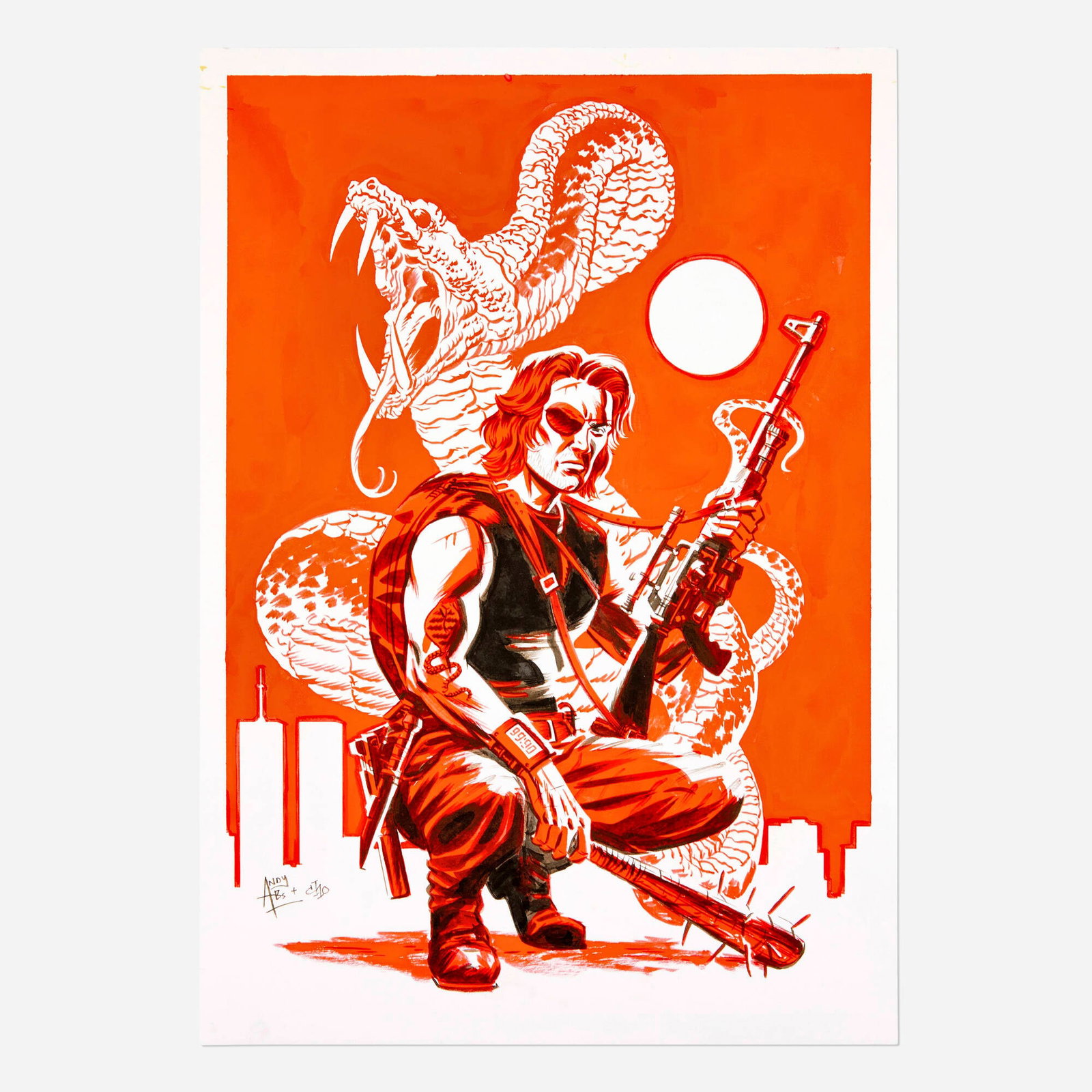 Andy Belanger and Michael Cho, Snake Plissken 'Escape from New York' Original Art: Andy Belanger and Michael Cho Snake Plissken 'Escape from New York' Original Art mixed media on Bristol board 17 h x 11.875 w in (43 x 30 cm) This is a striking tribute to one of cinema's most