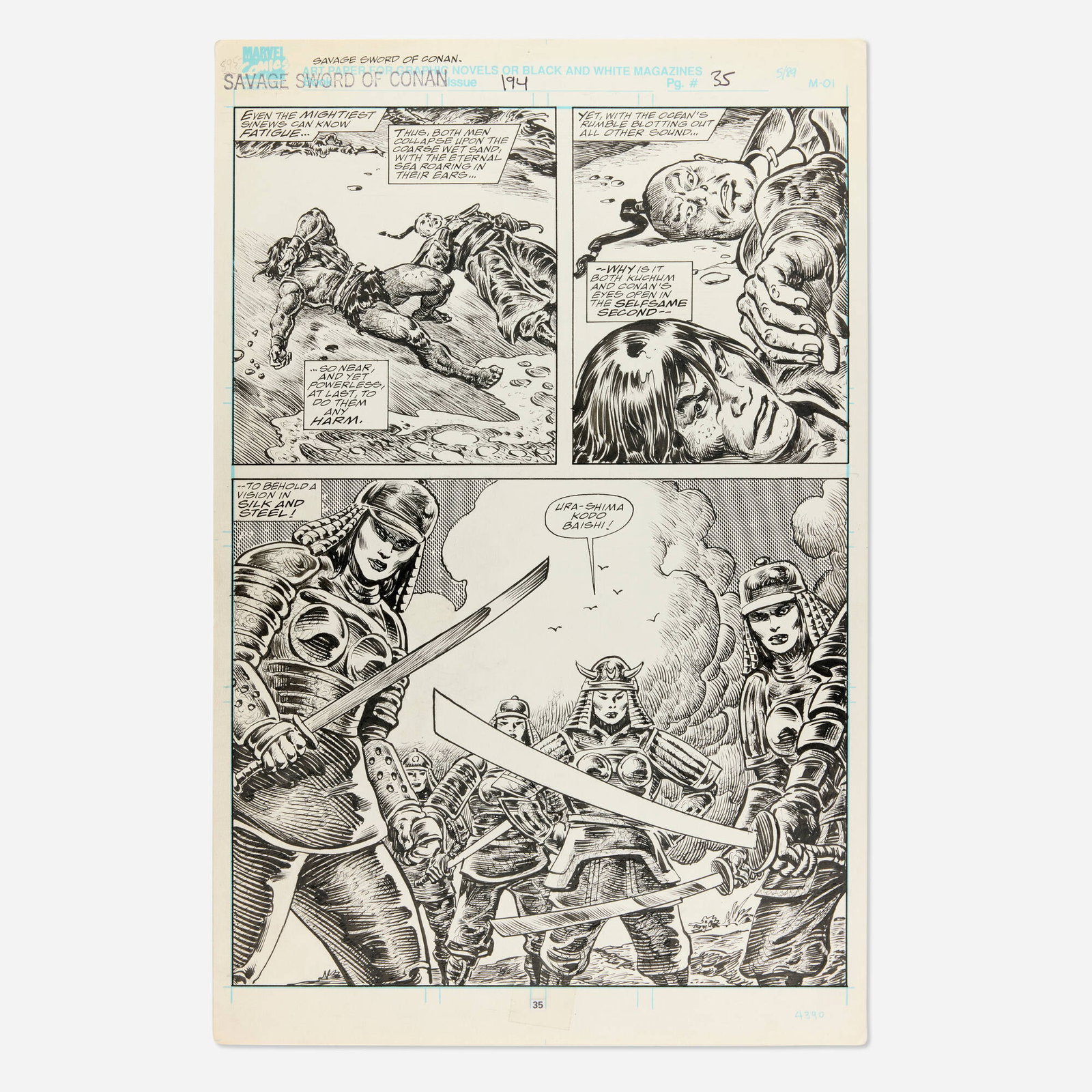 John Buscema and Ernie Chan, Savage Sword of Conan #194 Story Page 35 Original Art: John Buscema and Ernie Chan Savage Sword of Conan #194 Story Page 35 Original Art (Marvel Comics, 1991) pencil and ink on Bristol board 17 h x 11 w in (43 x 28 cm) After returning from the seas, Con