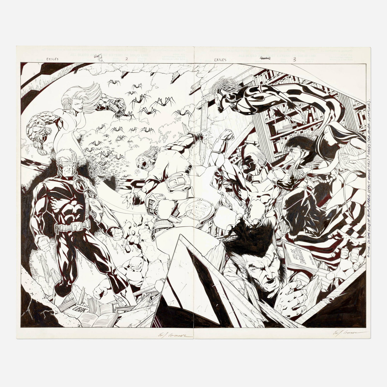 Jim Calafiore and Eric Cannon, Exiles #42 Story Pages 2 and 3 Original Art (Marvel Comics, 2004): Jim Calafiore and Eric Cannon Exiles #42 Story Pages 2 and 3 Original Art (Marvel Comics, 2004) pencil and ink on Bristol board 17 h x 21 w in (43 x 53 cm) This impressive double page splash from