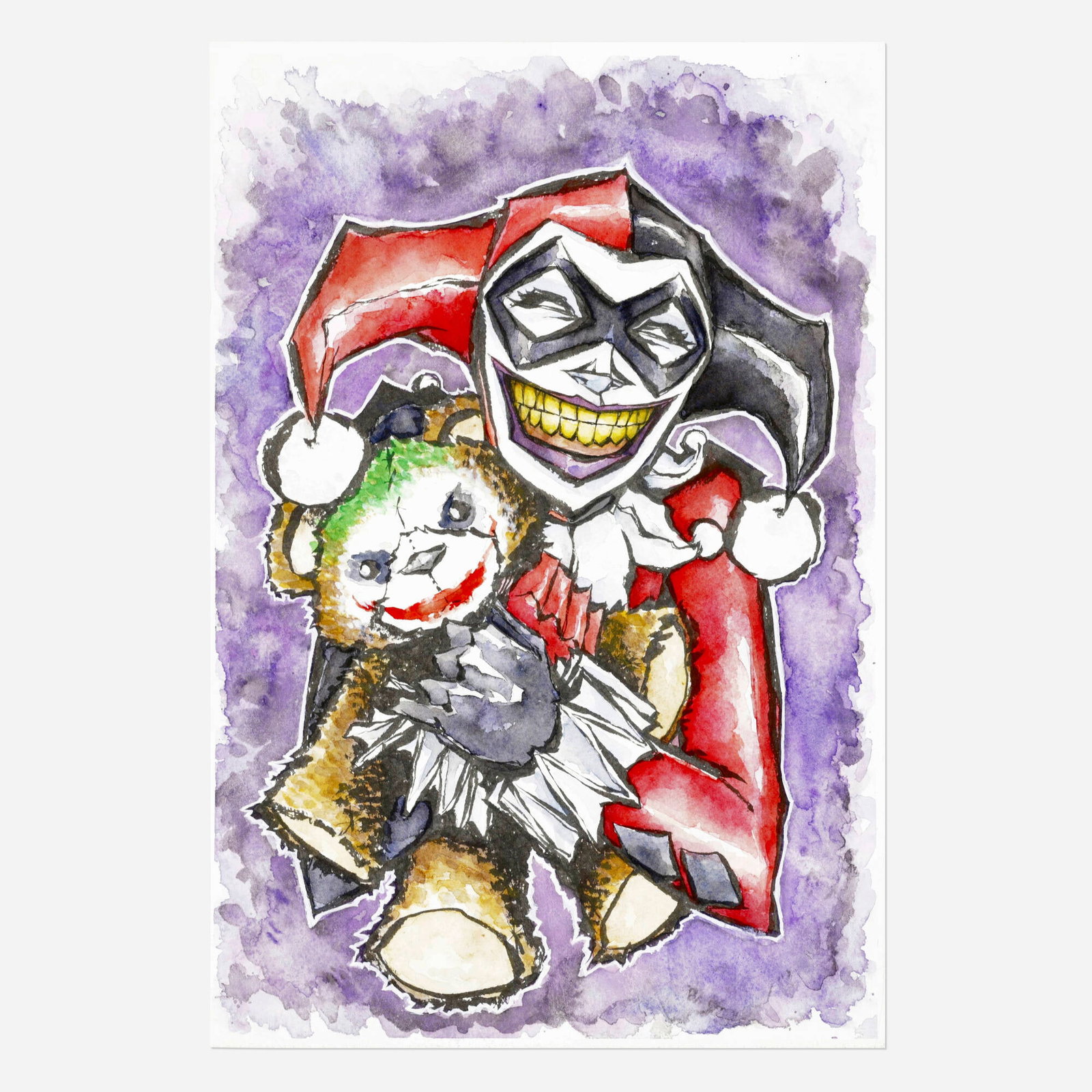 Matthew Fletcher, Harley Quinn Watercolor Original Art: Matthew Fletcher Harley Quinn Watercolor Original Art watercolor on Bristol board 17 h x 11 w in (43 x 28 cm) This is a playful yet subtly unsettling portrait that captures the whimsical chaos of on