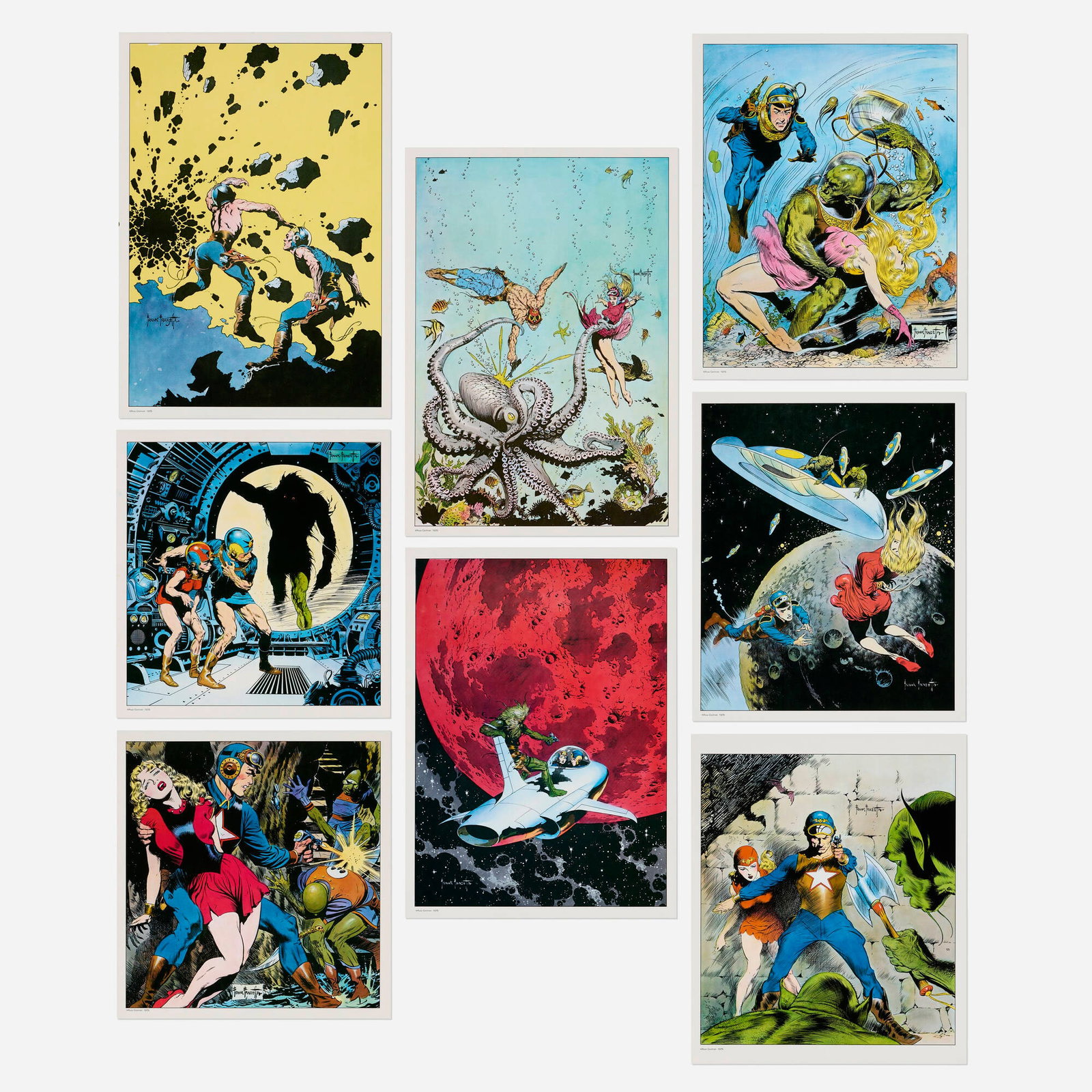 Frank Frazetta, Frank Frazetta Famous Funnies Portfolio of 8 Prints (Russ Cochran, 1975): Frank Frazetta Frank Frazetta Famous Funnies Portfolio of 8 Prints (Russ Cochran, 1975) offset lithographs in color 17.625 h x 12.5 w in (45 x 32 cm) 13.125 h x 12.5 w in (33 x 32 cm) 15.75 h x 12.62