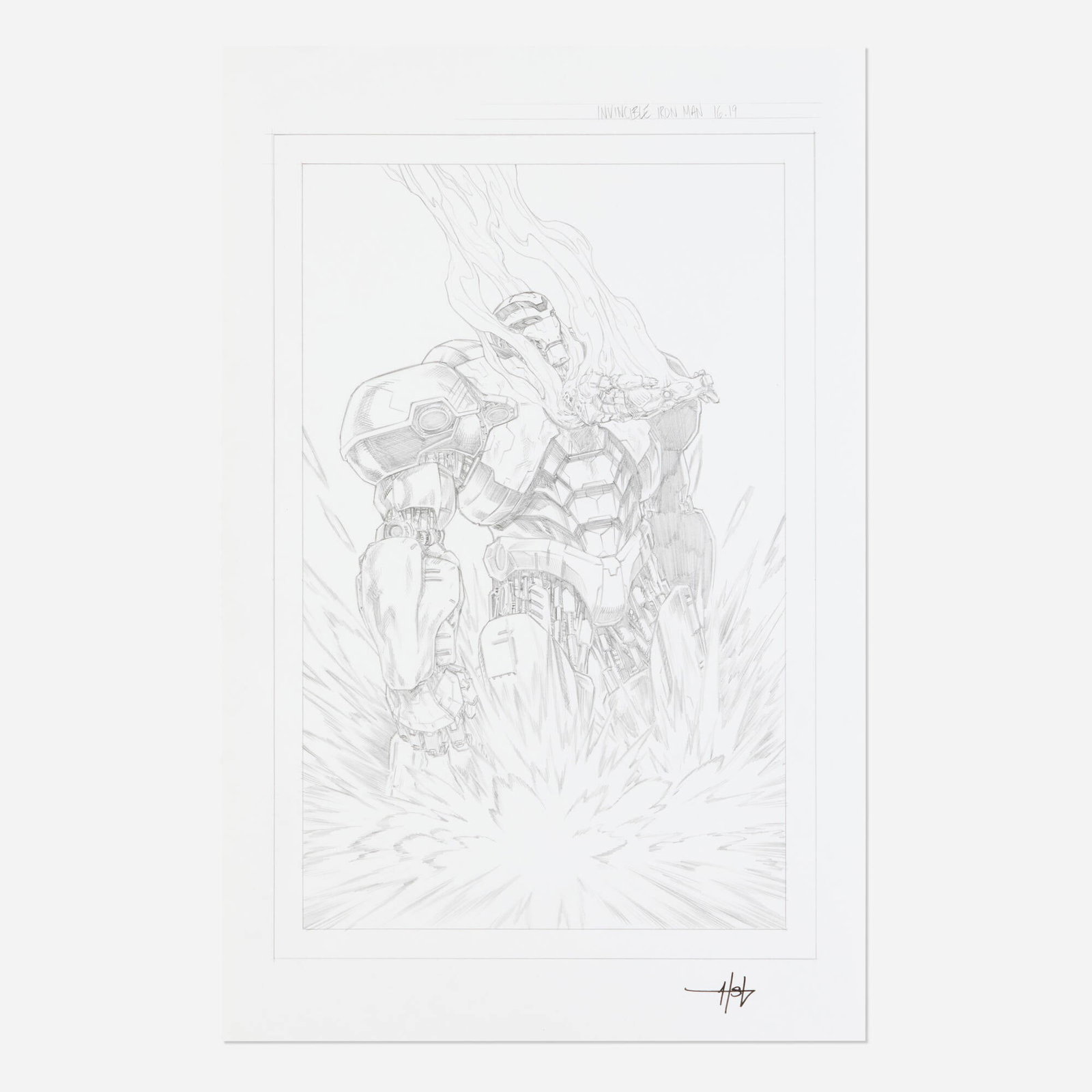 Creees Lee, Invincible Iron Man #16 Story Page 19 Original Art (Marvel Comics, 2022): Creees Lee Invincible Iron Man #16 Story Page 19 Original Art (Marvel Comics, 2022) pencil on Bristol board 17 h x 11 w in (43 x 28 cm) This composition is dominated by the towering armored figure,