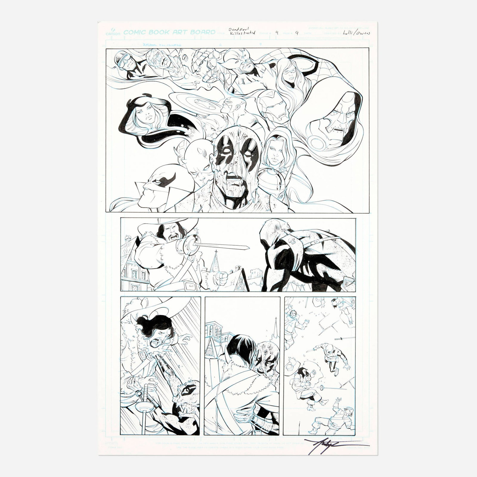 Matteo Lolli and Andy Owens, Deadpool Killustrated #4 Story Page 9 Original Art: Matteo Lolli and Andy Owens Deadpool Killustrated #4 Story Page 9 Original Art (Marvel Comics, 2013) blueline pencils and original inks on Bristol board 17 h x 11 w in (43 x 28 cm) This represents a