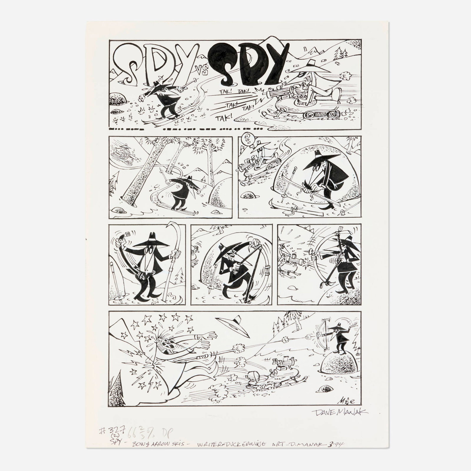 Dave Manak, Mad Magazine #327 "Spy vs. Spy" Original Art (EC, 1993): Dave Manak Mad Magazine #327 "Spy vs. Spy" Original Art (EC, 1993) pencil and ink on Bristol board, overlay with color art added 17 h x 12 w in (43 x 30 cm) This art represents an important transiti