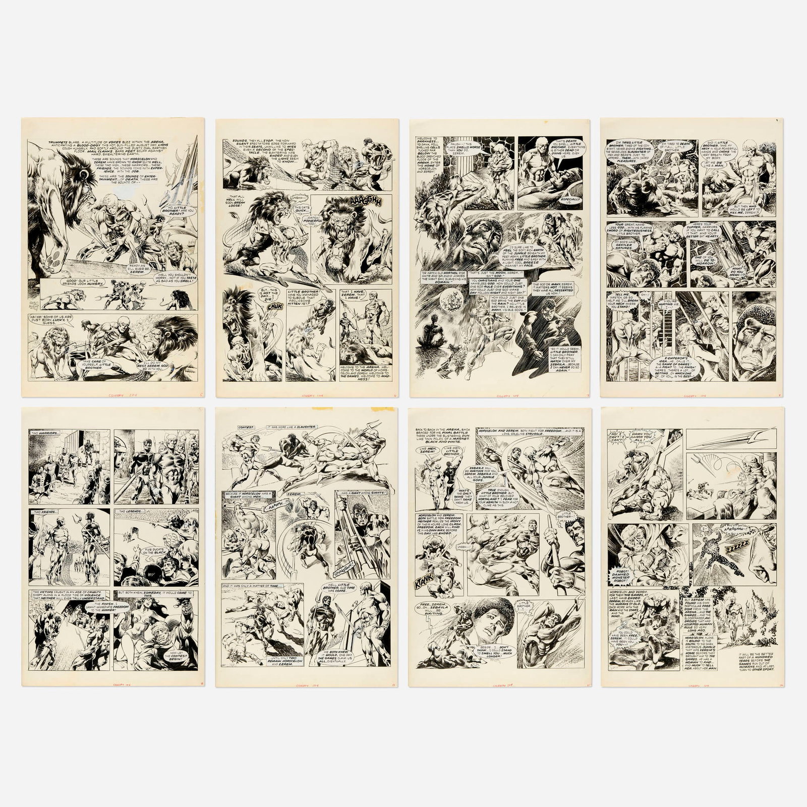 Pablo Marcos, Creepy #104 'The Games" Complete 8-Page Story Original Art (Warren Publications, 1979): Pablo Marcos Creepy #104 'The Games" Complete 8-Page Story Original Art (Warren Publications, 1979) pencil and ink on Bristol board, word balloons pasted onto artwork 17.5 h x 11.5 w in (44 x 29 cm)
