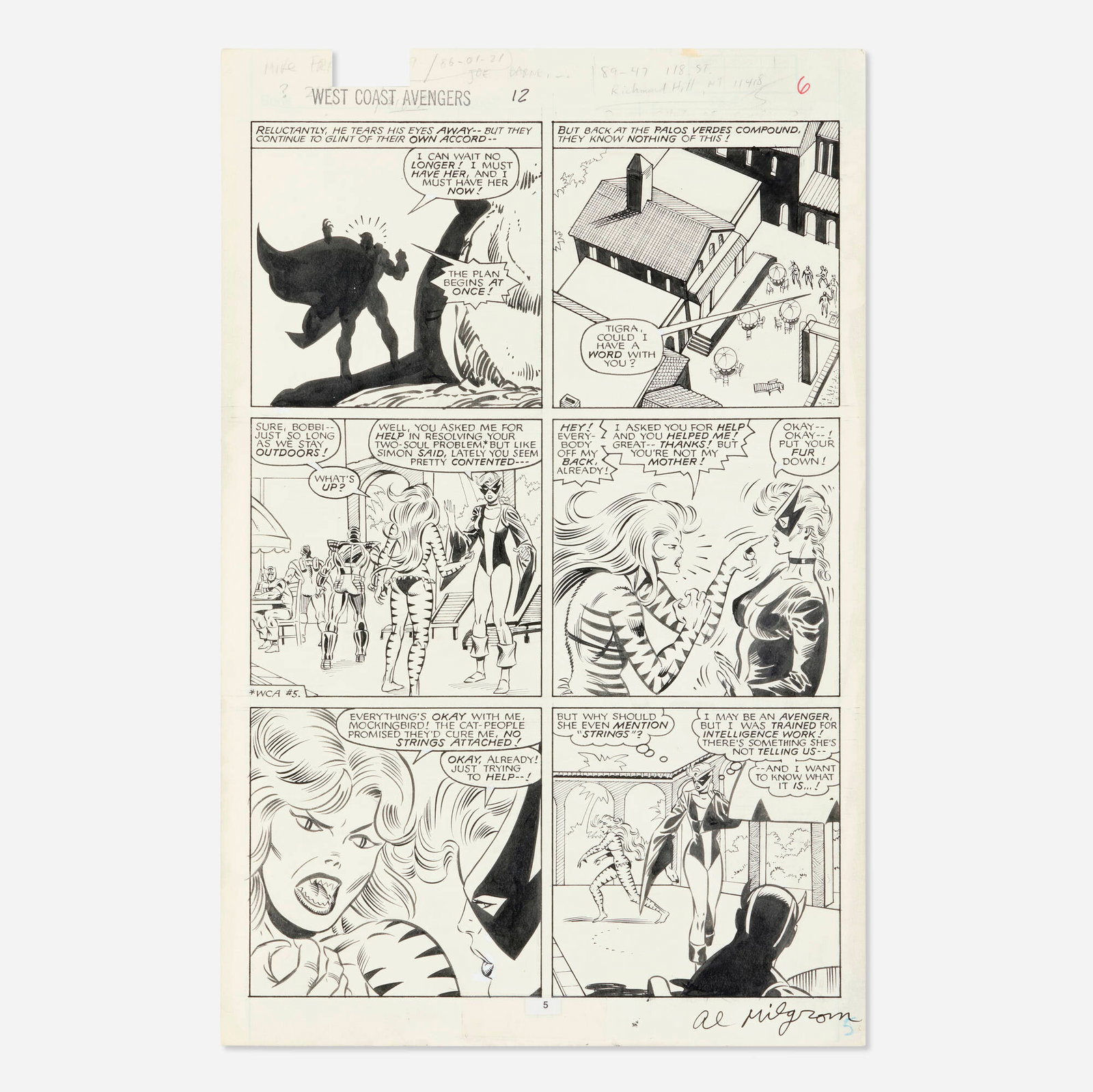 Al Milgrom and Joe Sinnott, West Coast Avengers #12 Story Page 6 Original Art (Marvel Comics, 1986): Al Milgrom and Joe Sinnott West Coast Avengers #12 Story Page 6 Original Art (Marvel Comics, 1986) pencil and ink on Bristol board, word balloons inked directly on board 17 h x 11 w in (43 x 28 cm)
