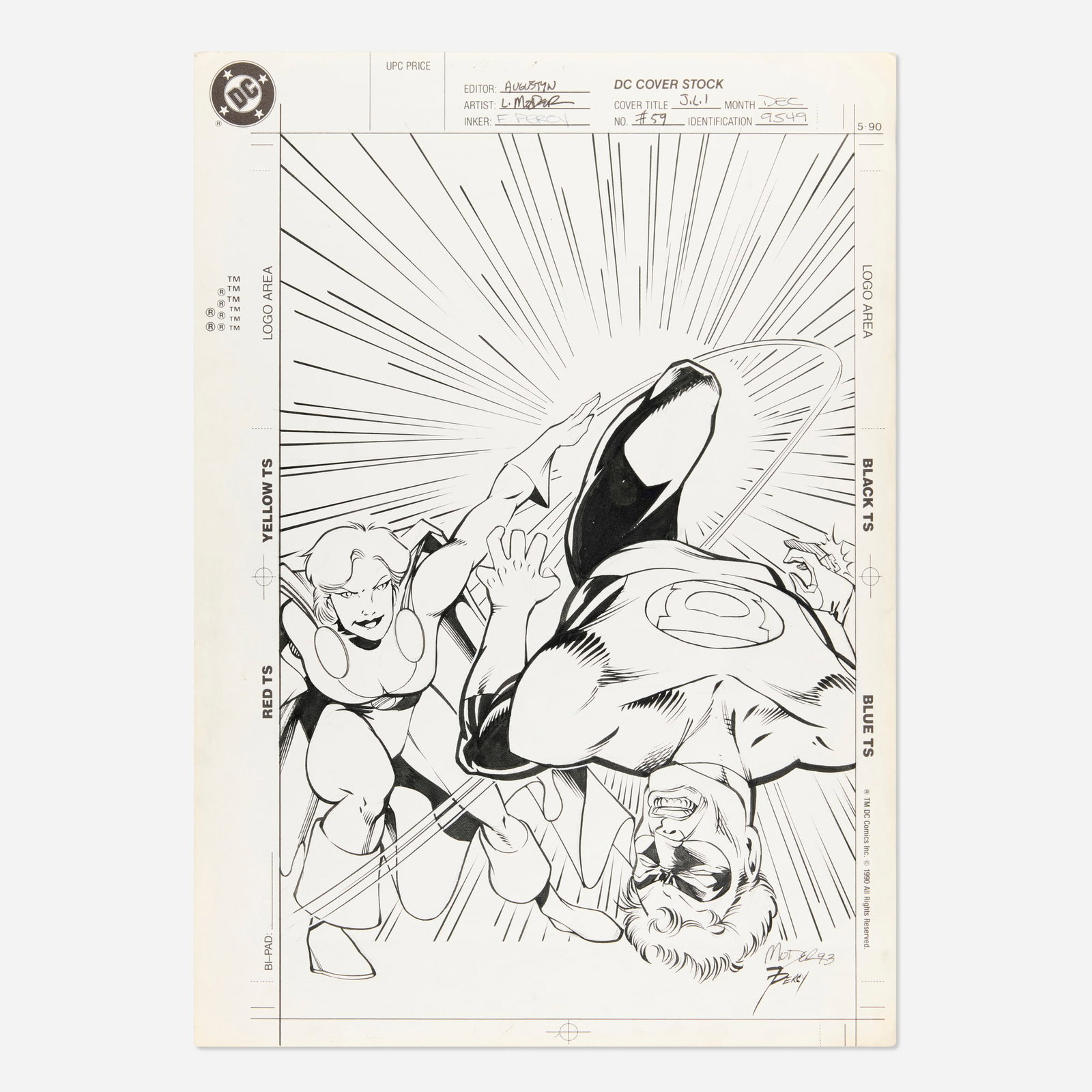 Lee Moder and Frank Percy, Justice League International #59 Unpublished Cover Original Art: Lee Moder and Frank Percy Justice League International #59 Unpublished Cover Original Art (DC Comics, 1994) pencil and ink on Bristol board 17 h x 12 w in (43 x 30 cm) A bold, kinetic unpublished co