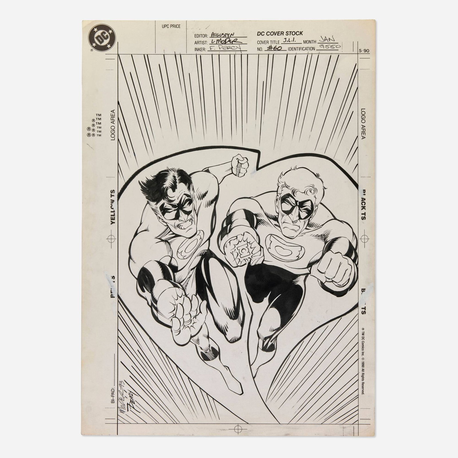 Lee Moder and Frank Percy, Justice League International #60 Unpublished Cover Original Art: Lee Moder and Frank Percy Justice League International #60 Unpublished Cover Original Art (DC Comics, 1994) pencil and ink on Bristol board 17 h x 12 w in (43 x 30 cm) This unpublished art for Justi