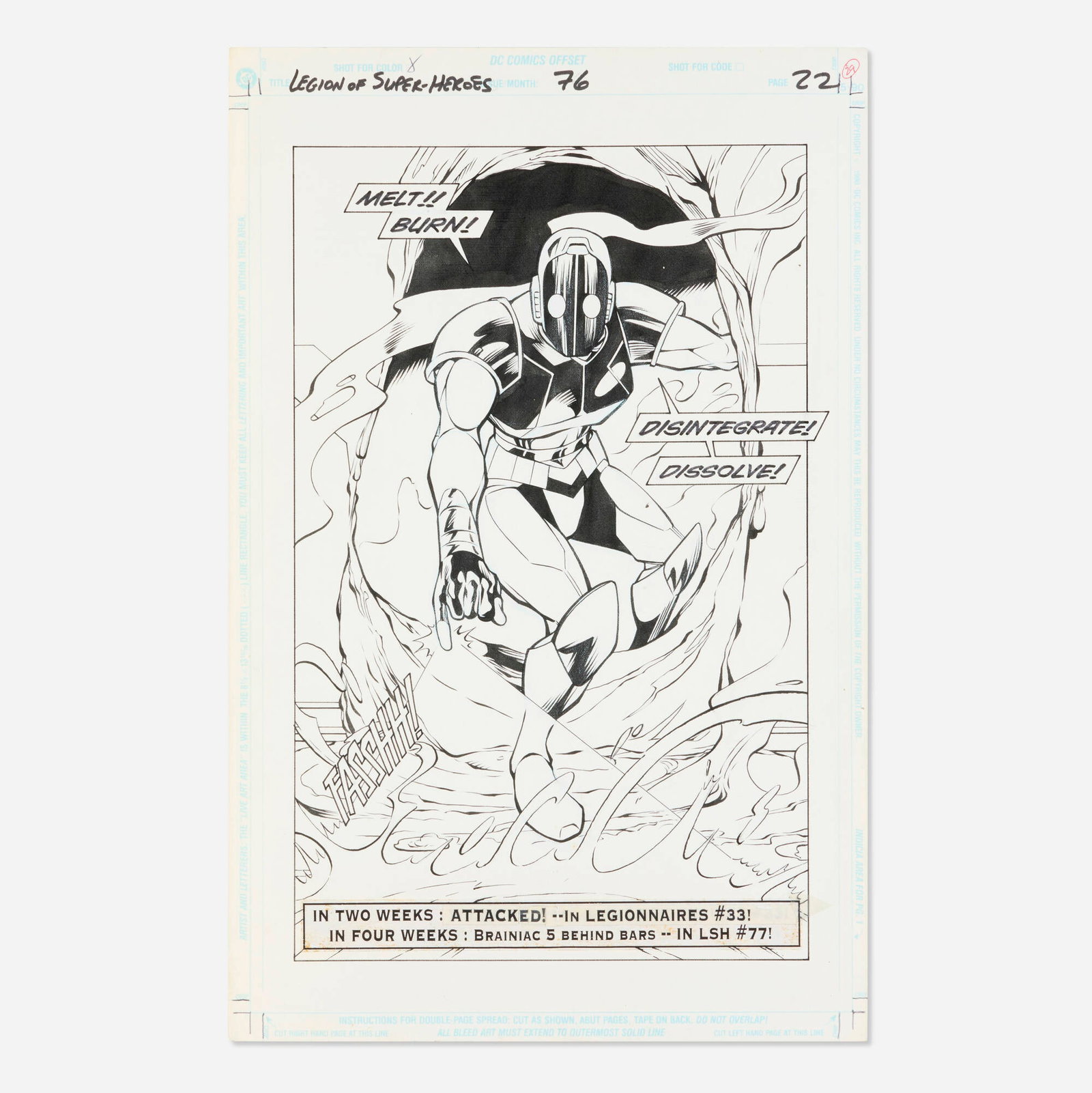 Lee Moder and Ron Boyd, Legion of Super-Heroes #76 Story Page 22 Original Art (DC Comics, 1996): Lee Moder and Ron Boyd Legion of Super-Heroes #76 Story Page 22 Original Art (DC Comics, 1996) pencil and ink on Bristol board, word balloons inked directly on board 17 h x 11 w in (43 x 28 cm) This