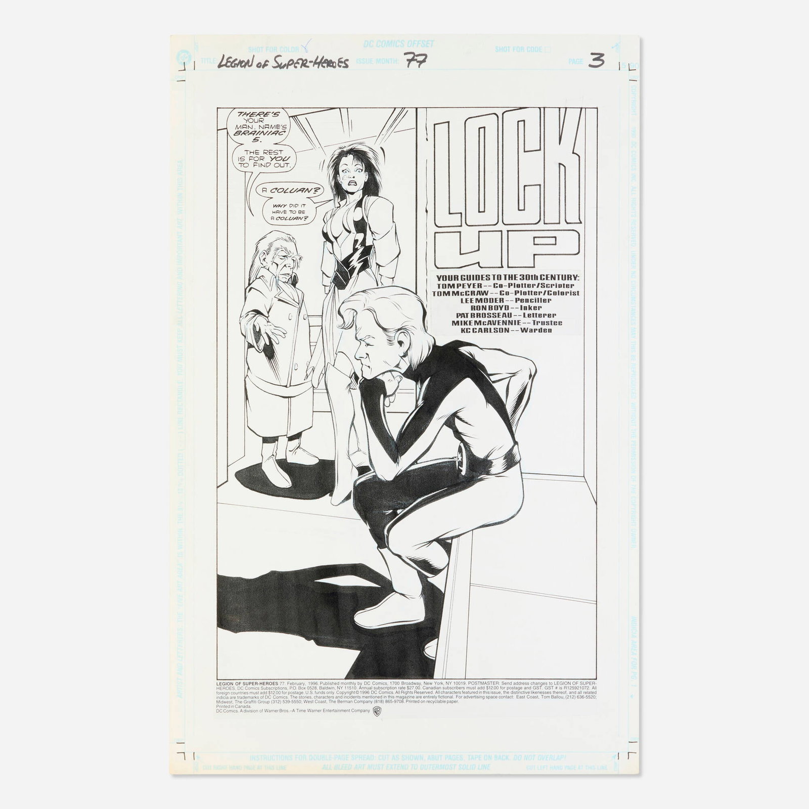 Lee Moder and Ron Boyd, Legion of Super-Heroes #77 Story Page 3 Original Art (DC Comics, 1996): Lee Moder and Ron Boyd Legion of Super-Heroes #77 Story Page 3 Original Art (DC Comics, 1996) pencil and ink on Bristol board, word balloons inked directly on board 17 h x 11 w in (43 x 28 cm) This
