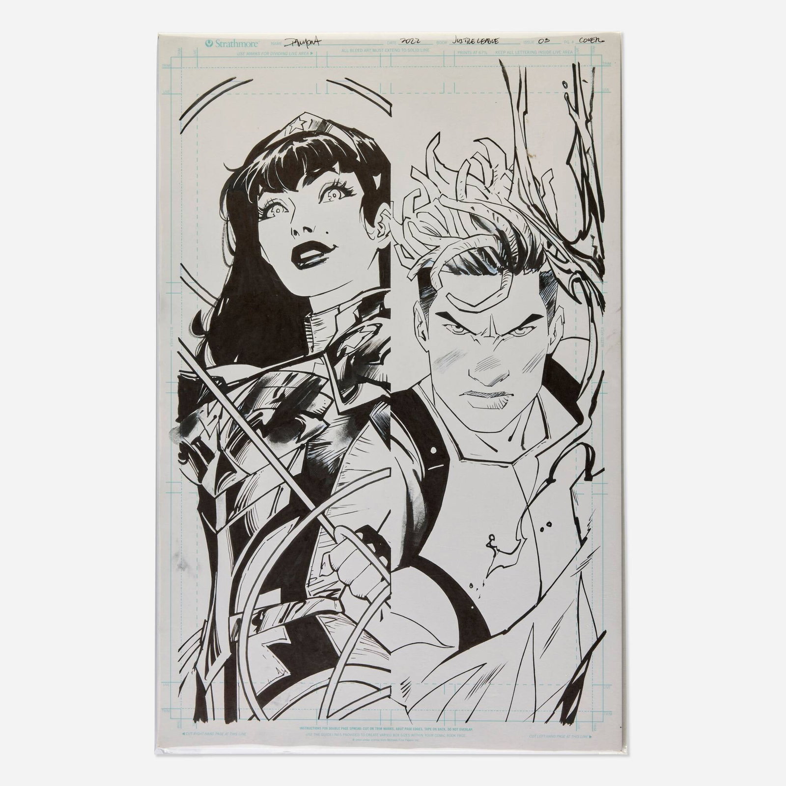 Dan Mora, Justice League #3 Cover Original Art (DC Comics, 2022): Dan Mora Justice League #3 Cover Original Art (DC Comics, 2022) pencil and ink on Bristol board 17 h x 11 w in (43 x 28 cm) This original cover exemplifies the artist's celebrated ability for i