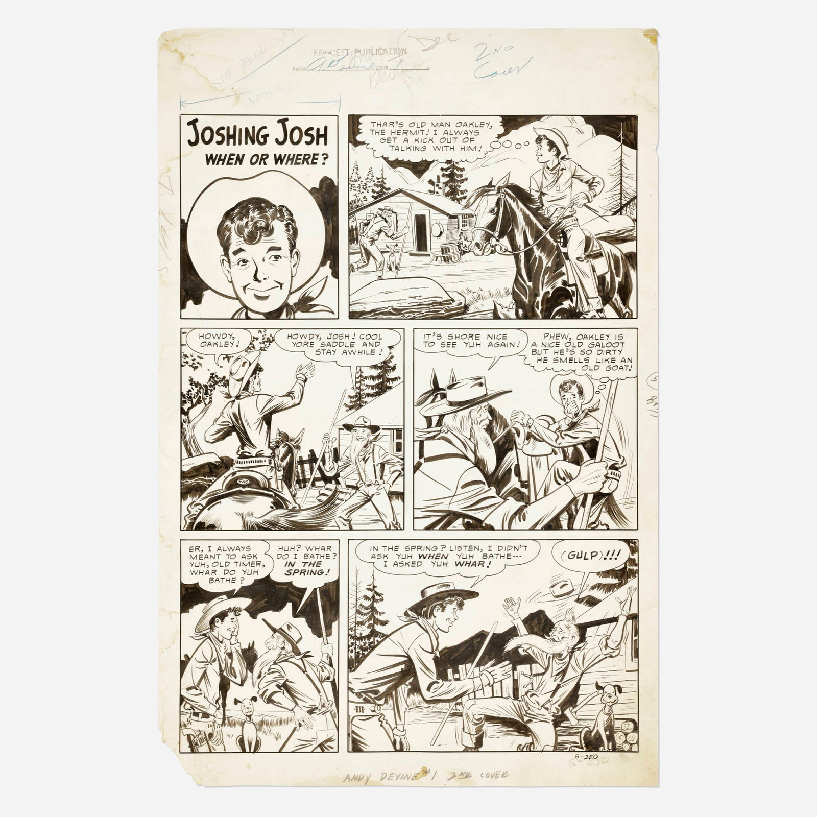 Carl Pfeufer, Andy Devine Western #1 Inside Front Cover Original Art: Carl Pfeufer Andy Devine Western #1 Inside Front Cover Original Art (Fawcett Publications, Inc., 1950) pencil and ink on Bristol board 21.5 h x 14.25 w in (55 x 36 cm) Pfeufer was renowned for combi