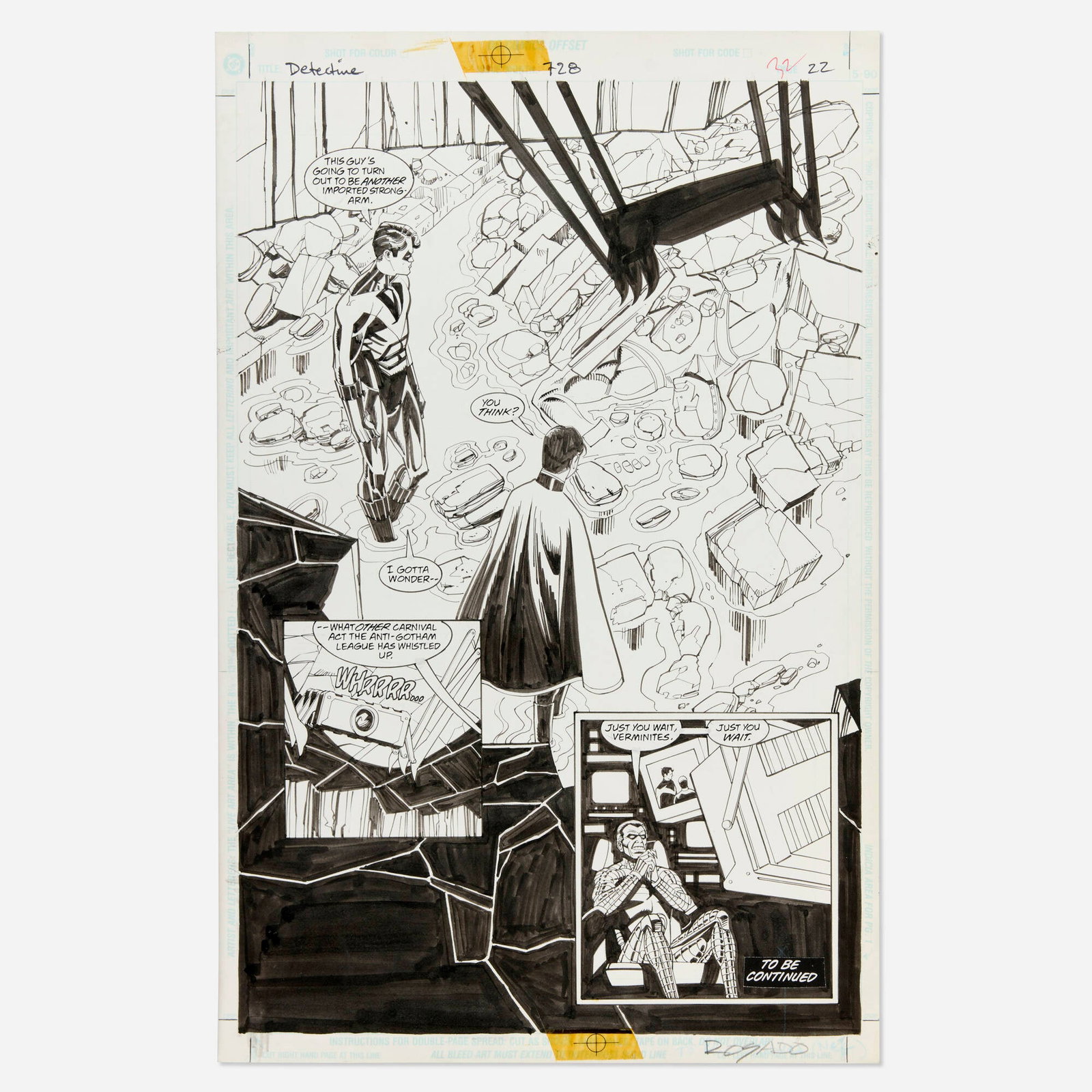 William Rosado and Sal Buscema, Detective Comics #728 Story Page 22 Original Art (DC Comics, 1999): William Rosado and Sal Buscema Detective Comics #728 Story Page 22 Original Art (DC Comics, 1999) pencil and ink on Bristol board 17 h x 11 w in (43 x 28 cm) Rosado's pencils demonstrate a stro