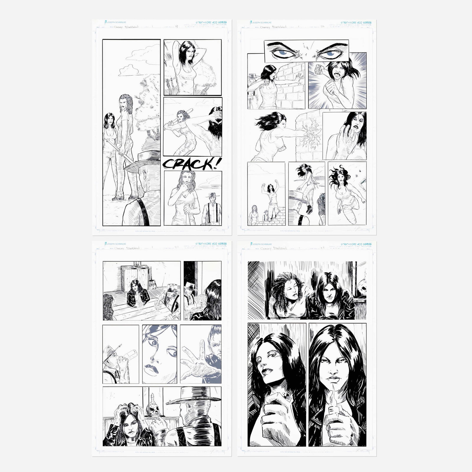 Joseph Schmalke, Cherry Blackbird #1 Story Pages 19, 20, 21, and 22 Artist Proofs: Joseph Schmalke Cherry Blackbird #1 Story Pages 19, 20, 21, and 22 Artist Proofs (Scout Comics, 2021) Artist Proof on Cardstock 17 h x 11 w in (43 x 28 cm) This set of artist proofs comprises four