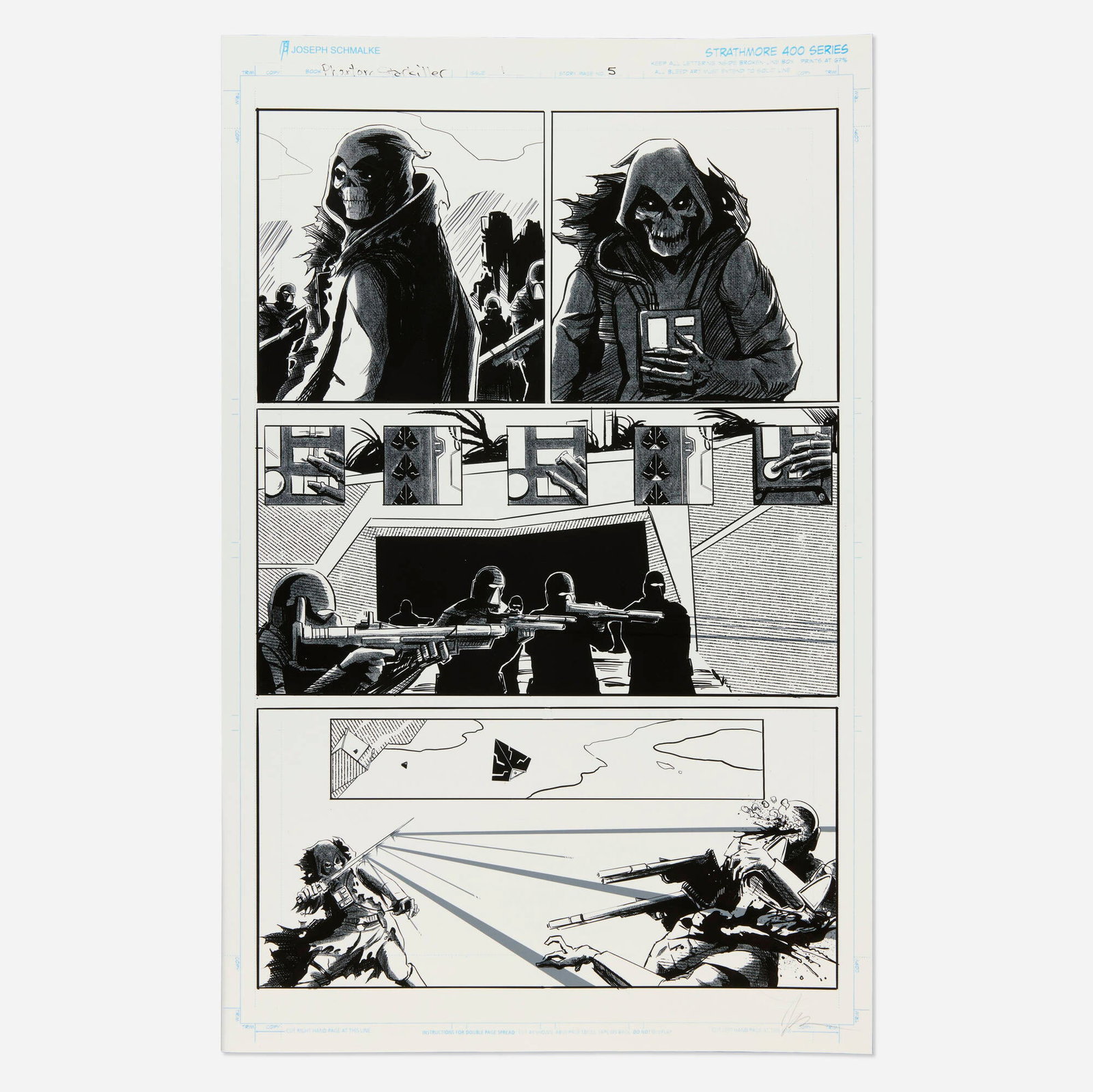 Joseph Schmalke, Phantom Starkiller #1 Story Page 5 Artist Proof (Scout Comics, 2020): Joseph Schmalke Phantom Starkiller #1 Story Page 5 Artist Proof (Scout Comics, 2020) Artist Proof on Cardstock 17 h x 11 w in (43 x 28 cm) Each artwork is annotated by hand at the top of the page