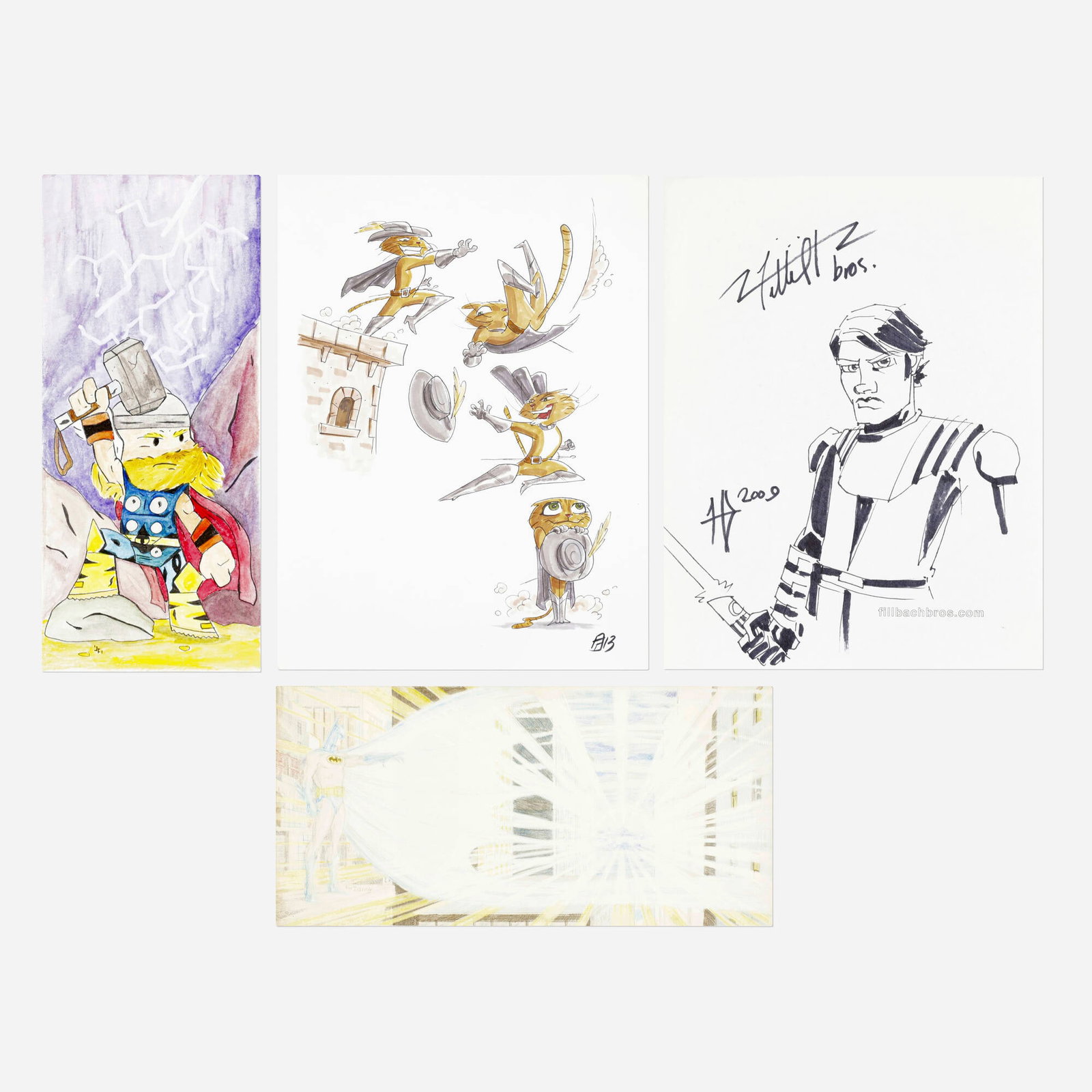 Trevor Von Eeden, Fillbach Brothers, Jerry Fleming and Otis Frampton, Group of 4 Illustrations: Trevor Von Eeden, Fillbach Brothers, Jerry Fleming and Otis Frampton Group of 4 Illustrations Original Art mixed media 7 h x 14 w in (18 x 36 cm) 9 h x 4 w in (23 x 10 cm) Batman
