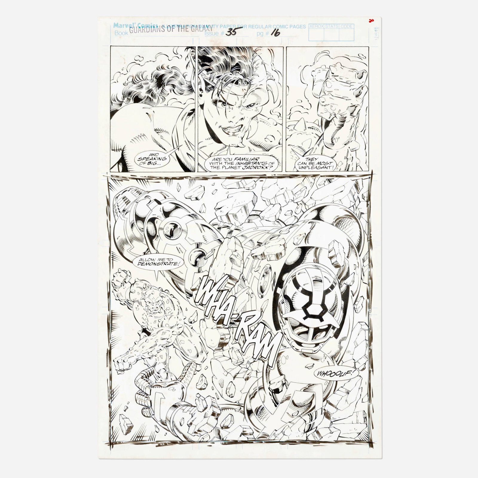 Kevin West and Steve Montano, Guardians of the Galaxy #35 Story Page 16 Original Art: Kevin West and Steve Montano Guardians of the Galaxy #35 Story Page 16 Original Art (Marvel Comics, 1993) pencil and ink on Bristol board, word balloons pasted onto artwork 17 h x 11 w in (43 x 28 cm)