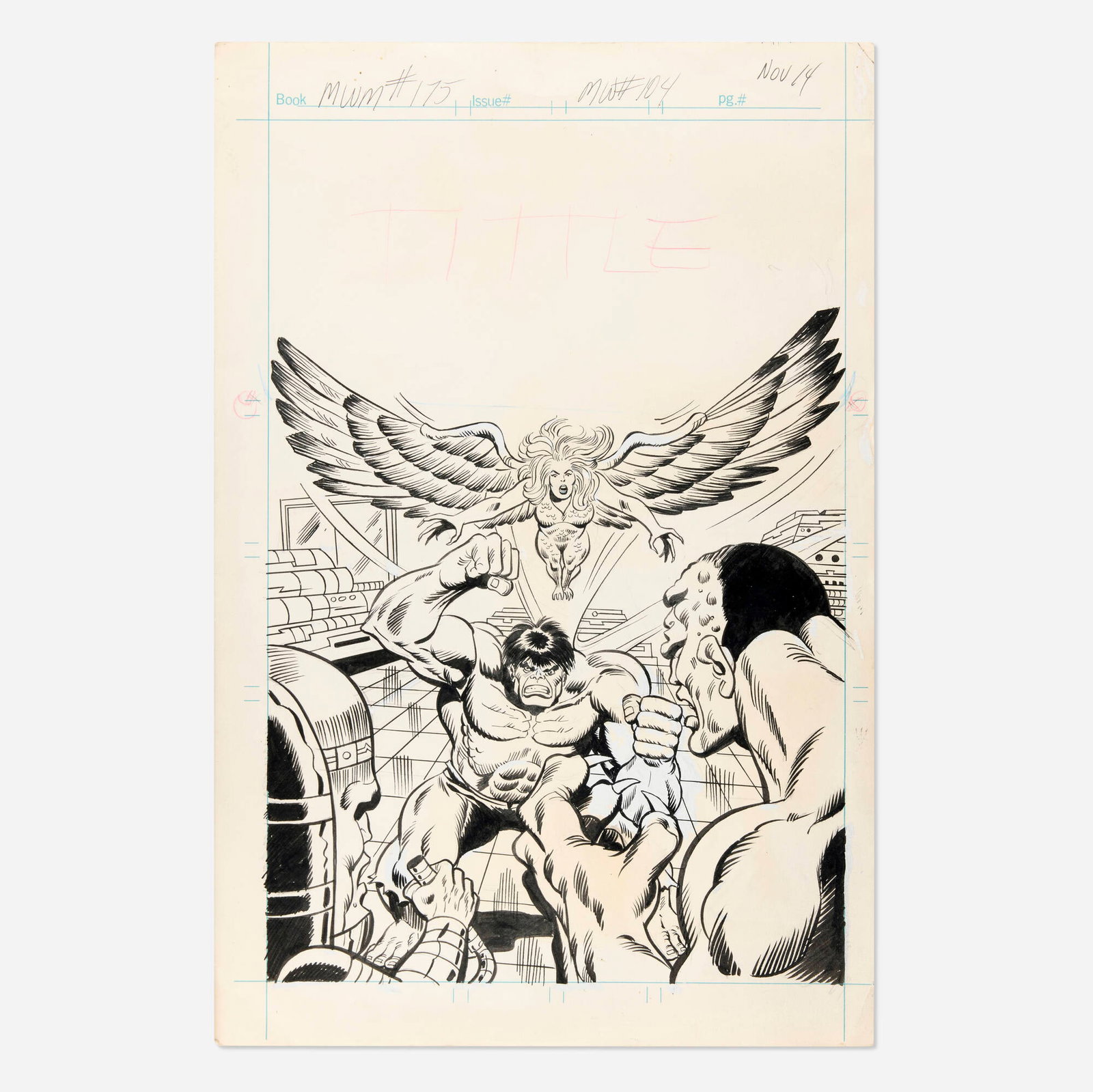 Ron Wilson and Mike Esposito, Mighty World of Marvel #104 Unpublished Cover Original Art: Ron Wilson and Mike Esposito Mighty World of Marvel #104 Unpublished Cover Original Art (Marvel Comics, 1975) pencil and ink on Bristol board 17.5 h x 11.5 w in (44 x 29 cm) An unpublished cover ill
