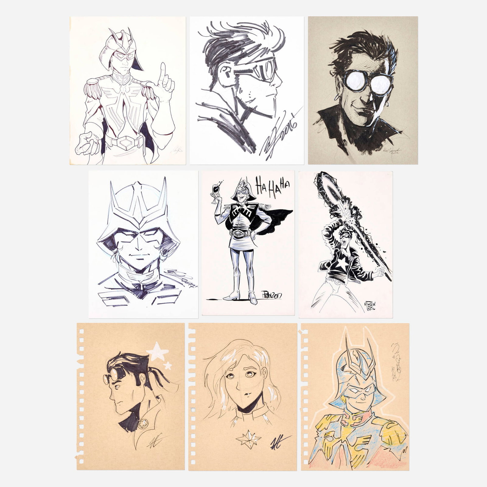 Group of 9 Starman Illustrations: Group of 9 Starman Illustrations mixed media 17 h x 11 w in (43 x 28 cm) 12 h x 9 w in (30 x 23 cm) 11 h x 8 w in (28 x 20 cm) This collection offers a unique glimpse into the spontaneity and
