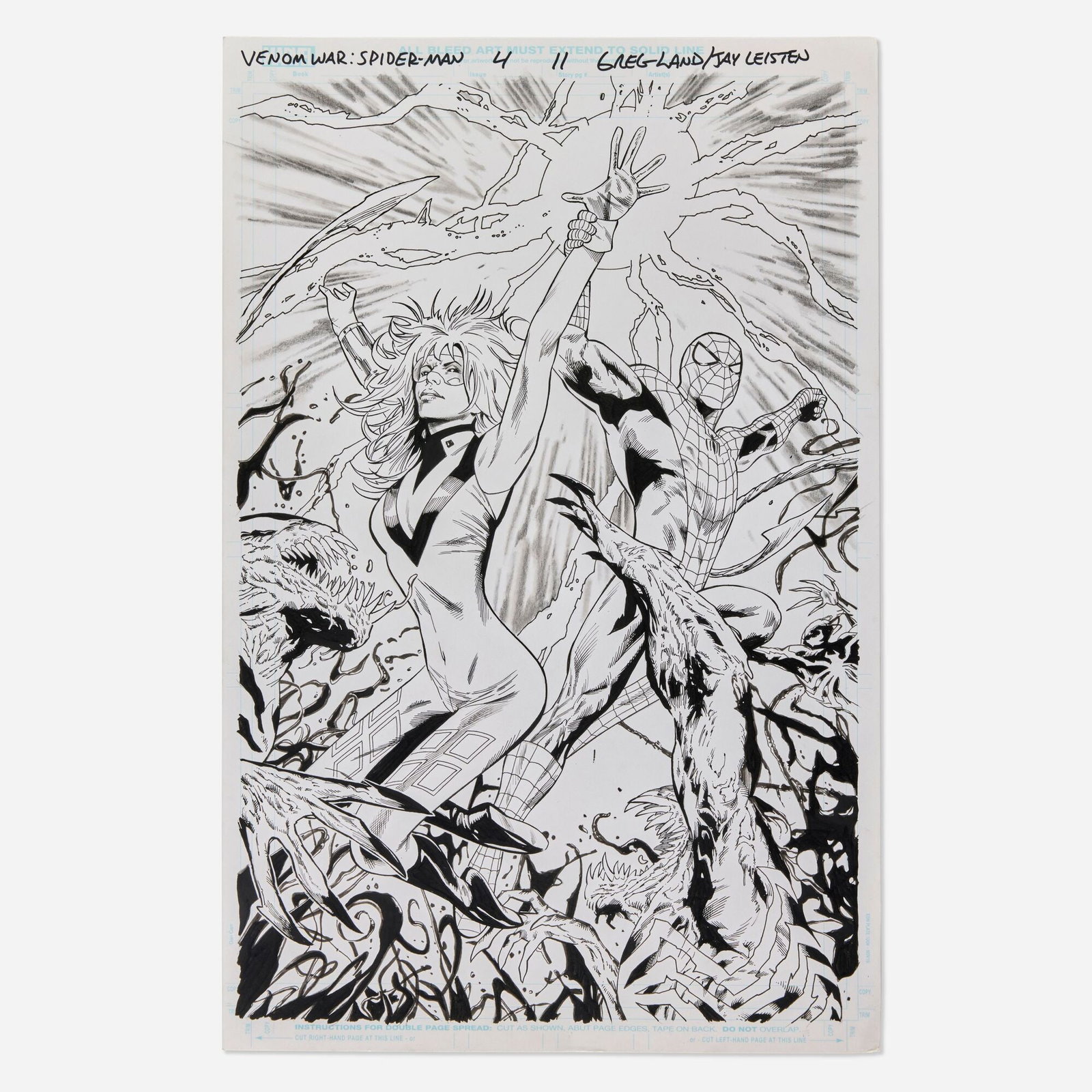 Greg Land and Jay Leisten, Venom War: Spider-Man #4 Story Page 11 Original Art (Marvel Comics, 2024): Greg Land and Jay Leisten Venom War: Spider-Man #4 Story Page 11 Original Art (Marvel Comics, 2024) pencil and ink on Bristol board 17 h x 11 w in (43 x 28 cm) This dynamic interior page captures th