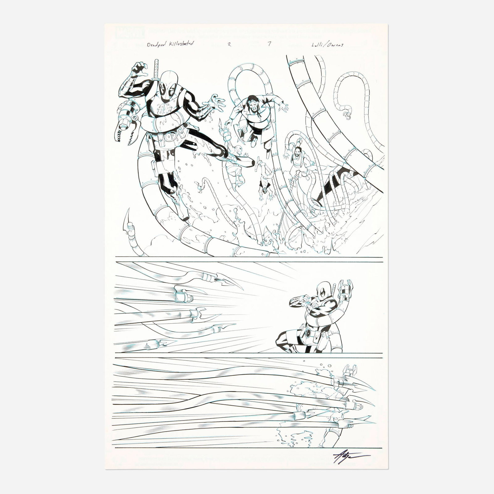 Matteo Lolli and Andy Owens, Deadpool Killustrated #2 Story Page 7 Original Art: Matteo Lolli and Andy Owens Deadpool Killustrated #2 Story Page 7 Original Art (Marvel Comics, 2013) blueline pencils and original inks on Bristol board 17 h x 11 w in (43 x 28 cm) Lolli's penc