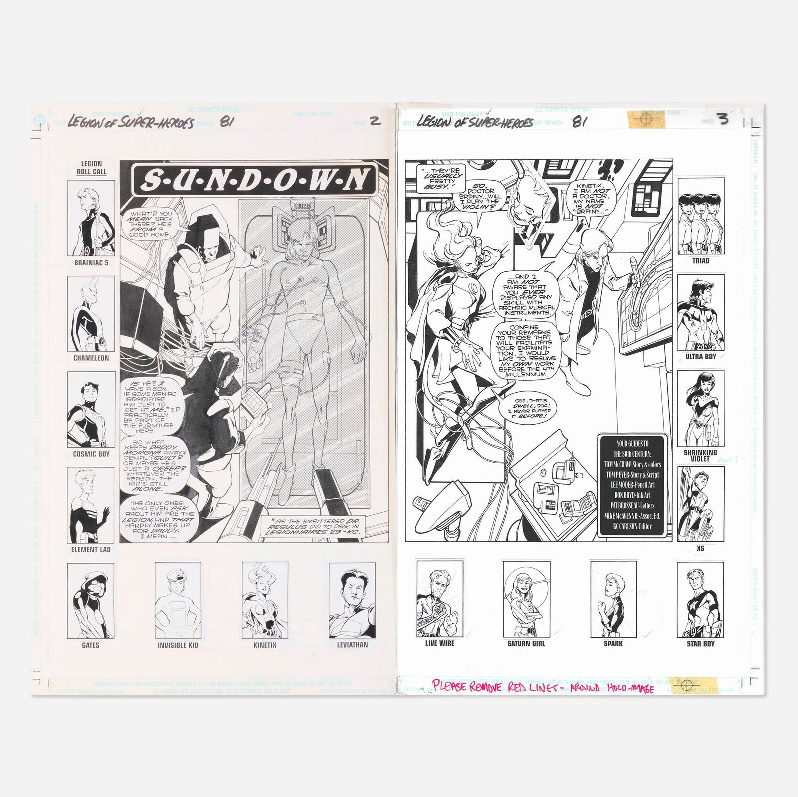 Lee Moder and Ron Boyd, Legion of Super-Heroes #81 Story Pages 2 and 3 Original Art: Lee Moder and Ron Boyd Legion of Super-Heroes #81 Story Pages 2 and 3 Original Art (DC Comics, 1996) pencil and ink on Bristol board, overlay with additional art, word balloons inked directly on board