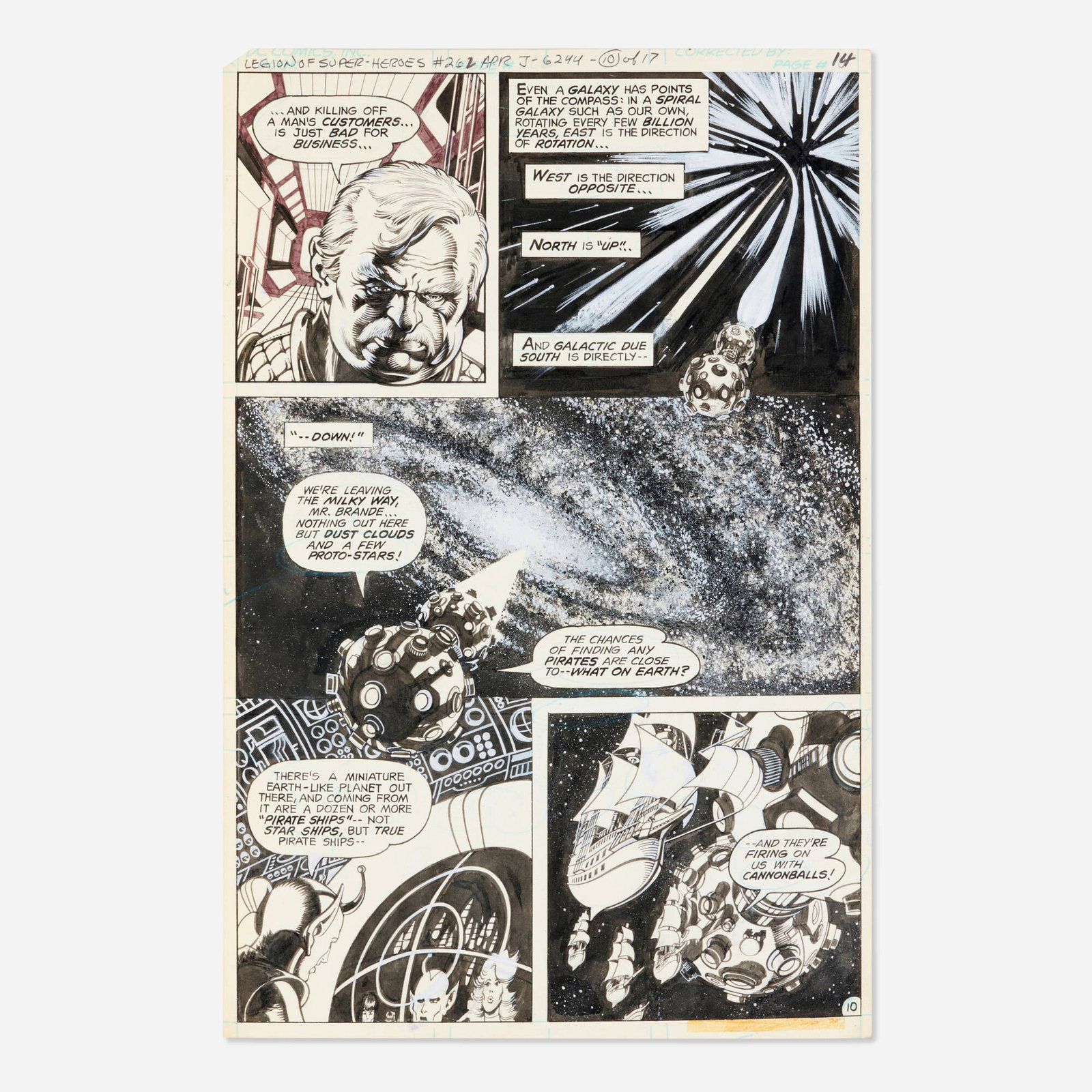 James Sherman, Legion-of Super-Heroes #262 Story Page 14 Original Art (DC Comics, 1980): James Sherman Legion-of Super-Heroes #262 Story Page 14 Original Art (DC Comics, 1980) pencil and ink on Bristol board, word balloons inked directly on board 15.75 h x 10.5 w in (40 x 27 cm) This pa