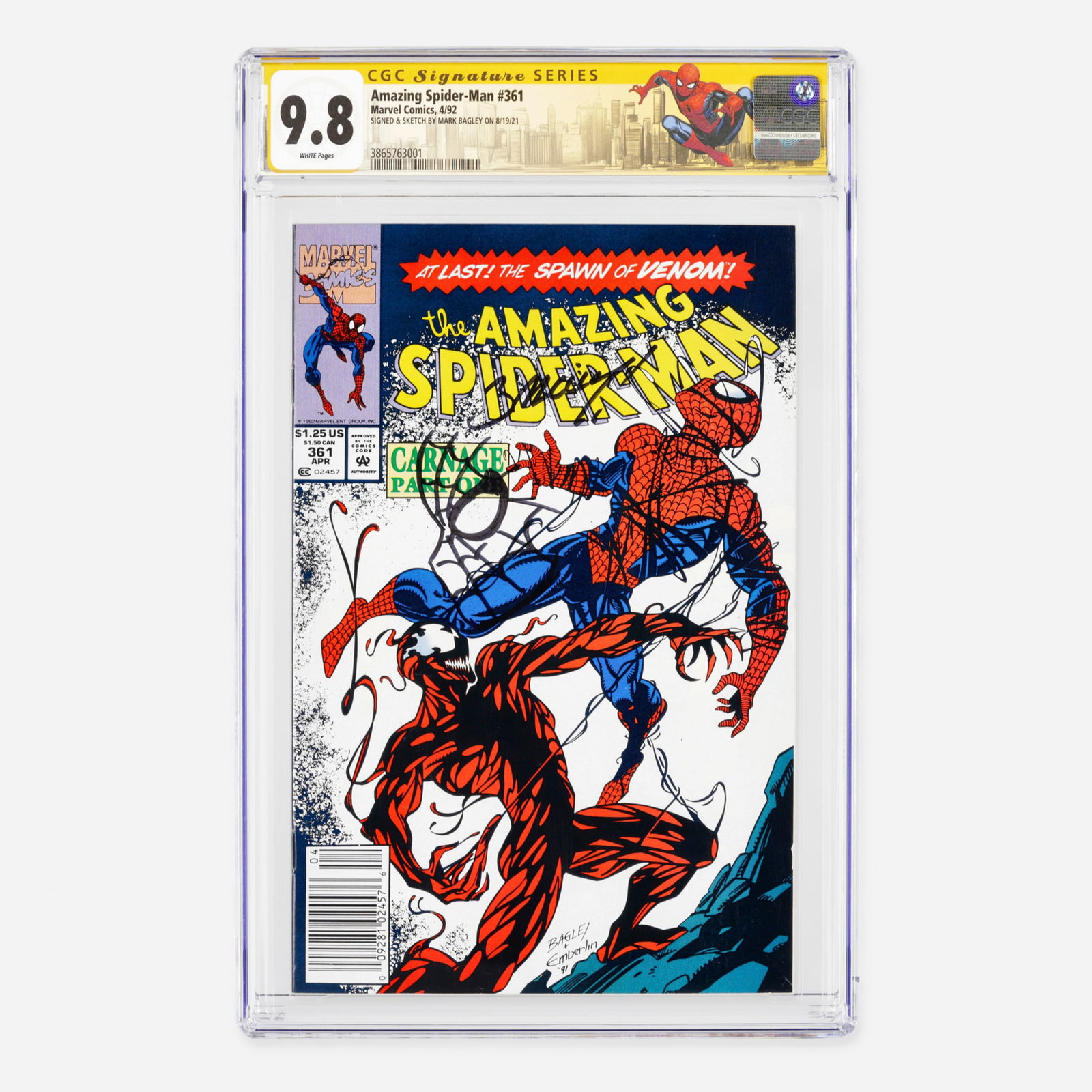 Marvel Comics Amazing Spider-Man #361 CGC 9.8 Signature Series Mark Bagley: Marvel Comics Amazing Spider-Man #361 CGC 9.8 Signature Series Mark Bagley USA, 1992 This landmark newsstand Modern Age issue marks the first full appearance of Carnage (Cletus Kasady). Written by Dav