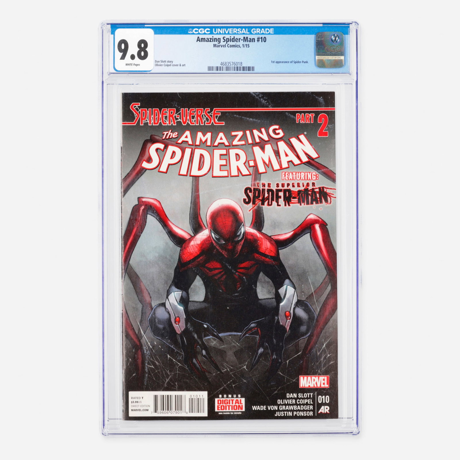 Marvel Comics Amazing Spider-Man #10 CGC 9.8: Marvel Comics Amazing Spider-Man #10 CGC 9.8 USA, 2015 This Modern Age issue features the first appearance of Spider-Punk. The story and art are provided by Dan Slott and Olivier Coipel. Top Populatio