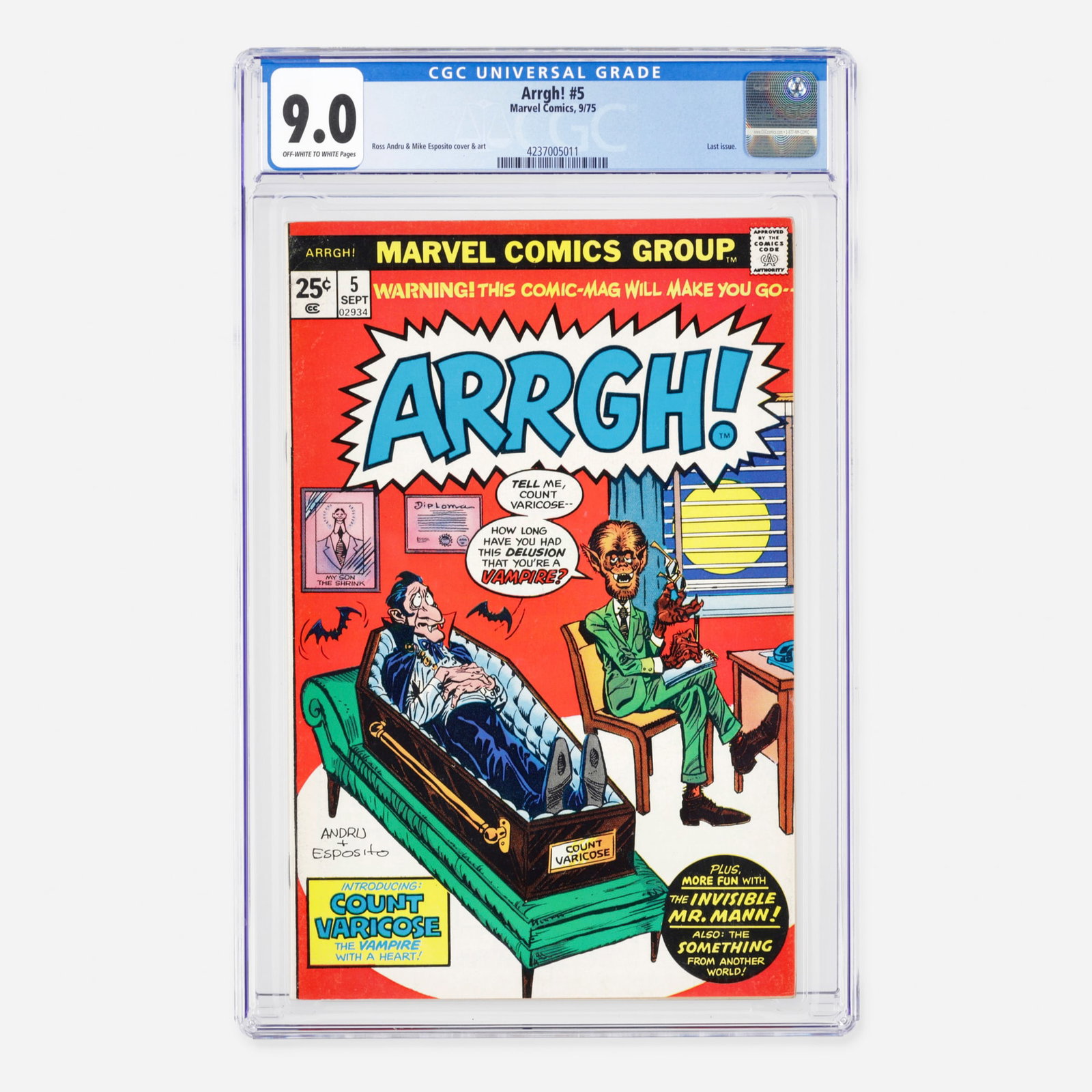 Marvel Comics Arrgh! #5 CGC 9.0: Marvel Comics Arrgh! #5 CGC 9.0 USA, 1975 This Bronze Age comic marks the first and final issue of the series, representing the last entry of this title. The book features cover and interior art by th