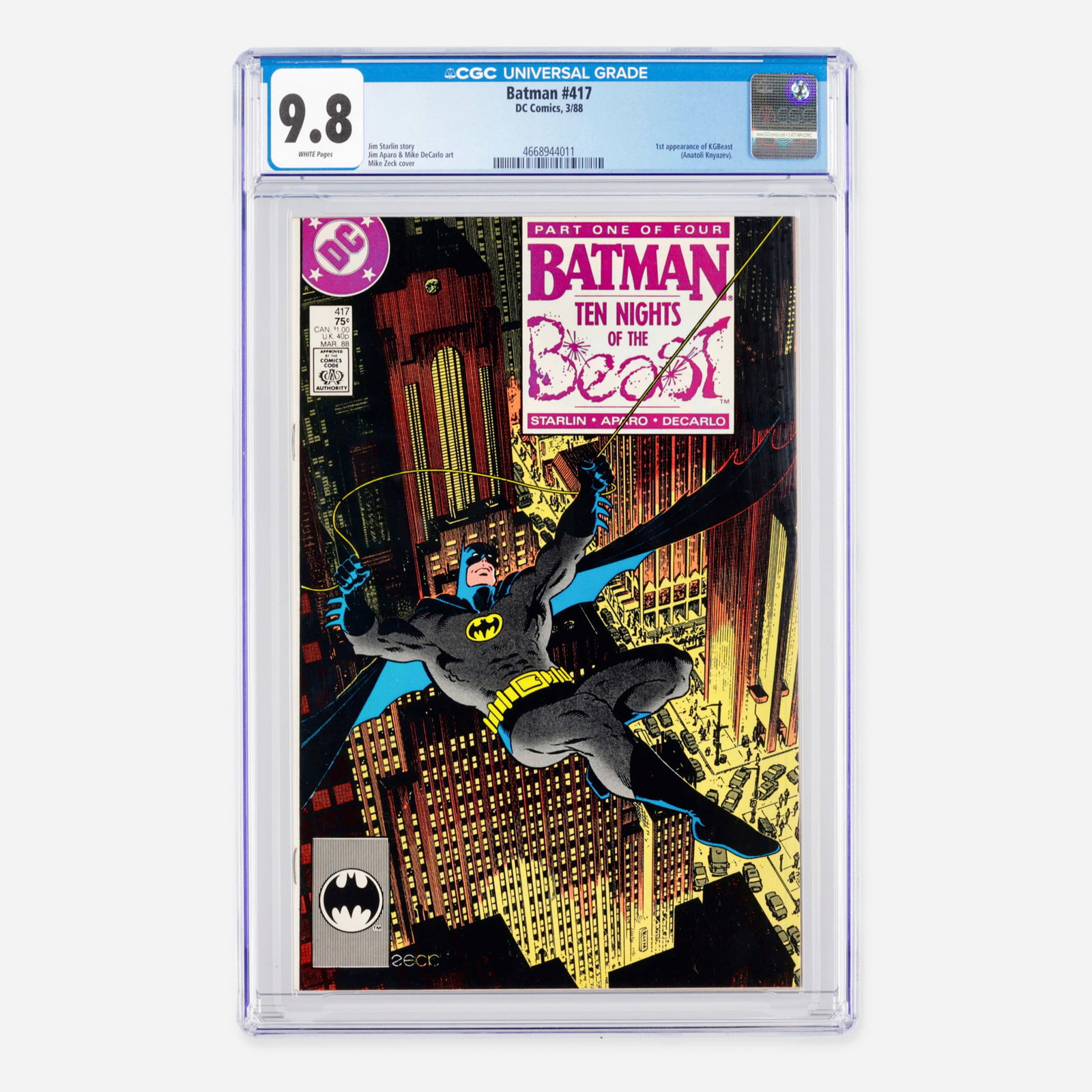 DC Comics Batman #417 CGC 9.8: DC Comics Batman #417 CGC 9.8 USA, 1988 This Modern Age book introduces the first appearance of the deadly assassin KGBeast (Anatoli Knyazev). Written by Jim Starlin, the issue showcases interior art 