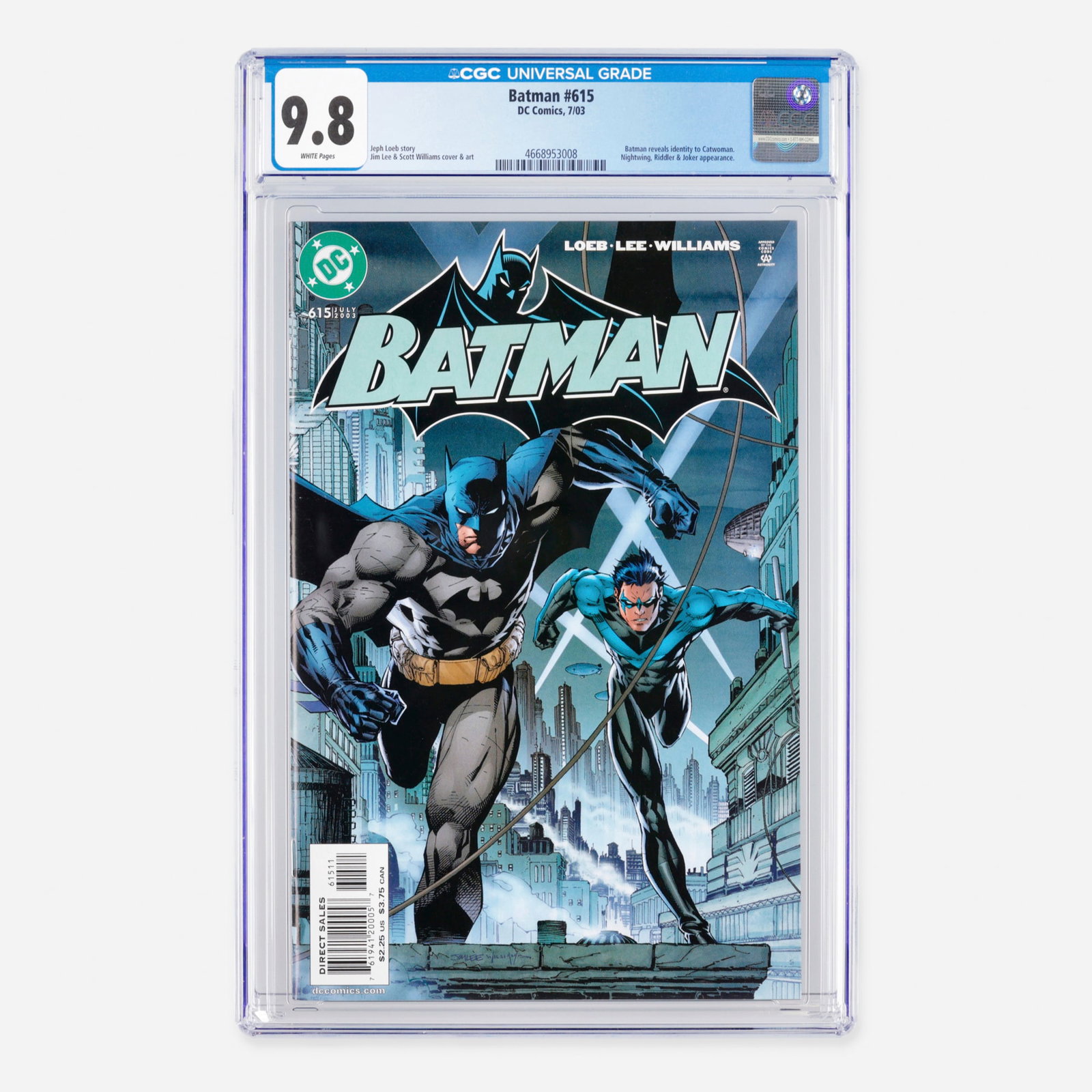 DC Comics Batman #615 CGC 9.8: DC Comics Batman #615 CGC 9.8 USA, 2003 This Modern Age issue features the first time Batman reveals his identity to Catwoman. The story is crafted by Jeph Loeb, with iconic cover and interior art pro