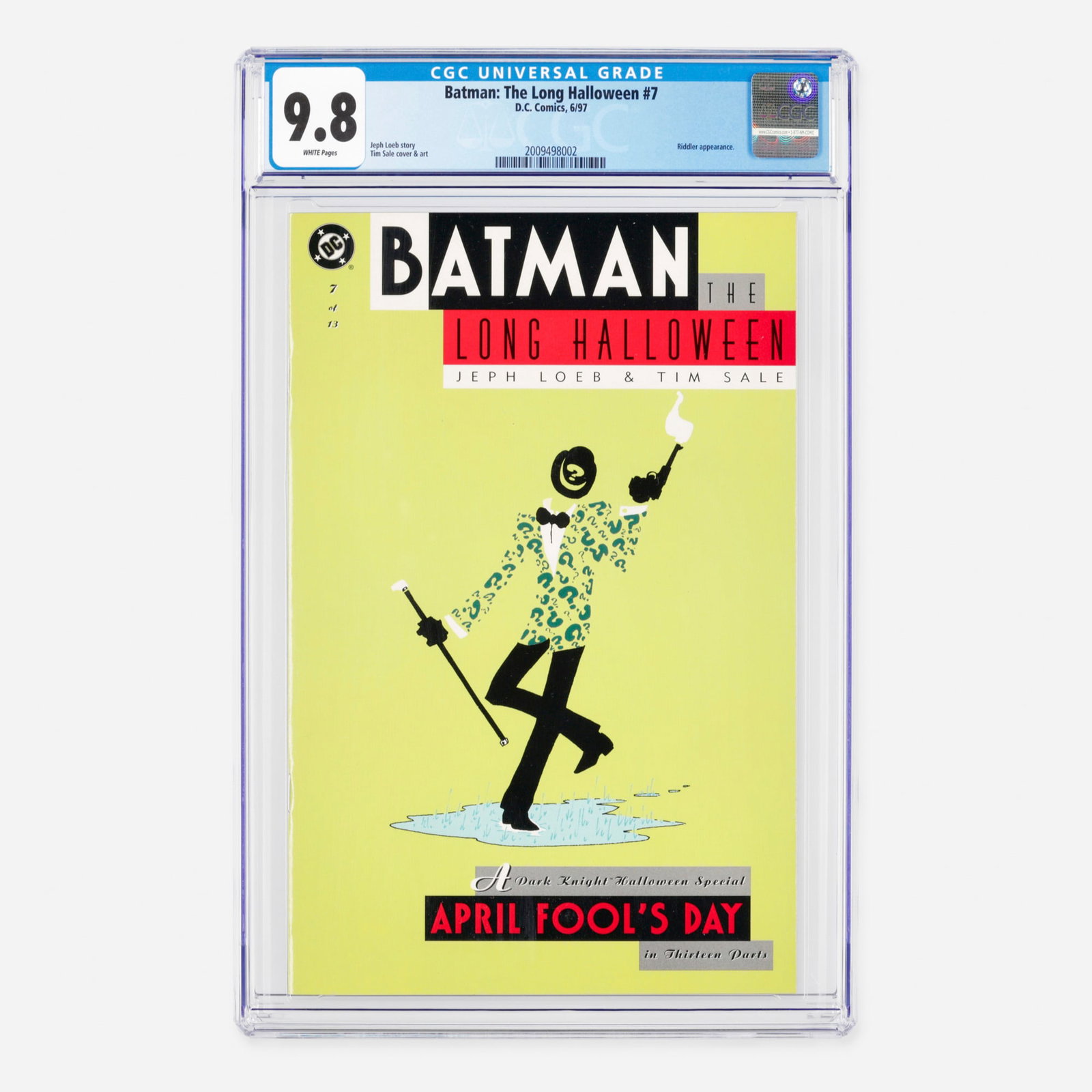 DC Comics Batman: The Long Halloween #7 CGC 9.8: DC Comics Batman: The Long Halloween #7 CGC 9.8 USA, 1997 Belonging to the Modern Age, this issue features a notable appearance by The Riddler. The narrative is driven by writer Jeph Loeb, perfectly