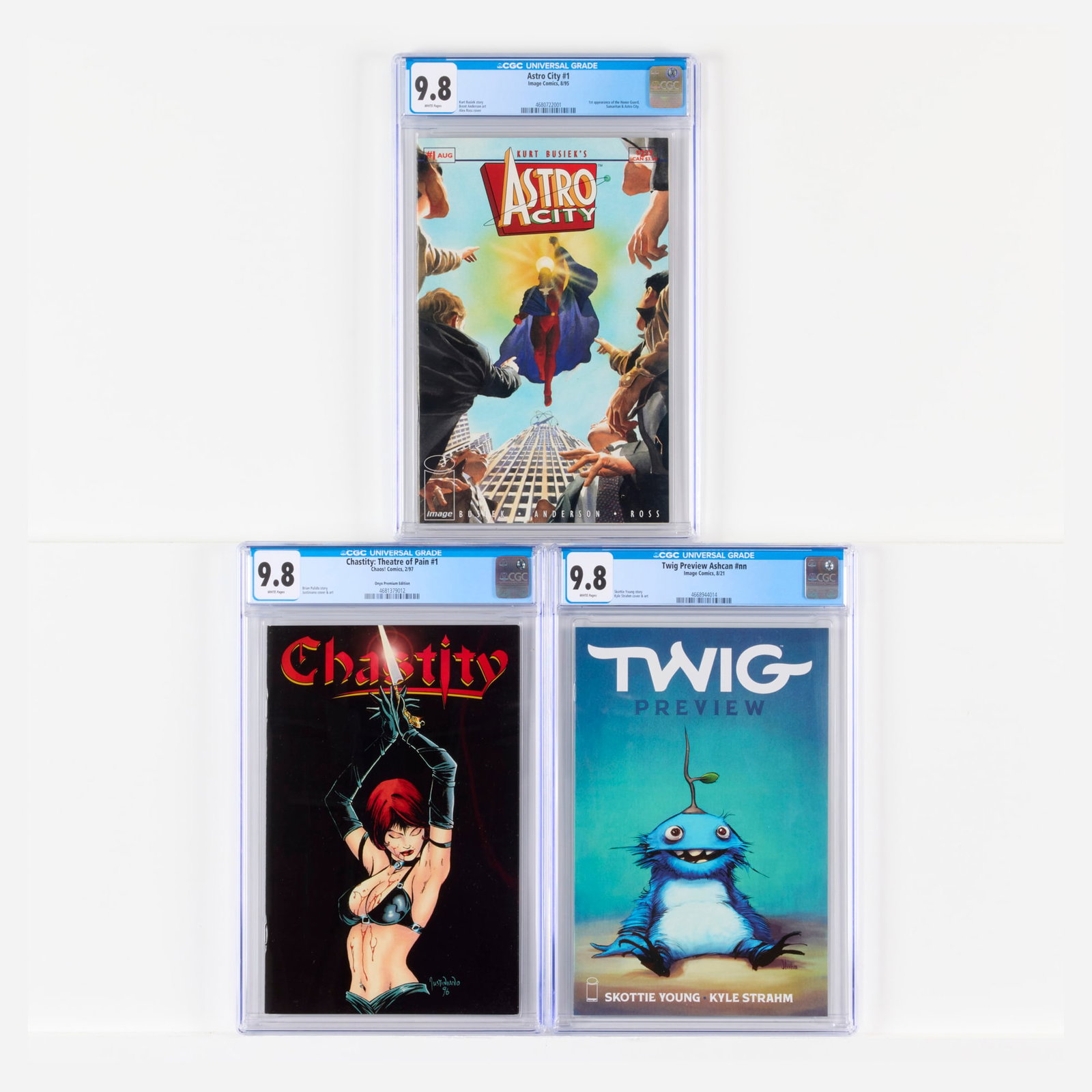 3 Chaos! and Image Comics Mixed Title CGC 9.8 Group: 3 Chaos! and Image Comics Mixed Title CGC 9.8 Group USA, 1995-2021 Chaos! Comics Chastity: Theatre of Pain #1 CGC 9.8 Onyx Premium Edition (2/97) CGC#: 4681379012 Population: 18 in 9.8, 0 higher view