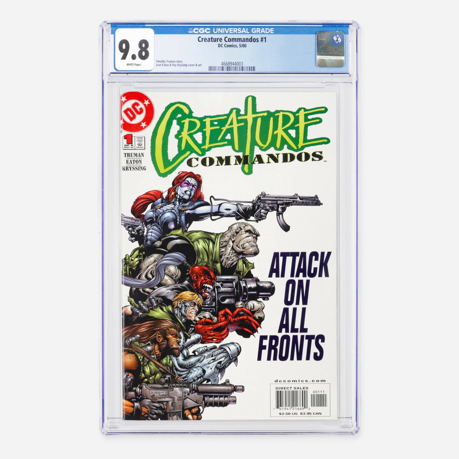 DC Comics Creature Commandos #1 CGC 9.8: DC Comics Creature Commandos #1 CGC 9.8 USA, 2000 This Modern Age issue is written by Timothy Truman, with interior and cover artwork provided by Scot Eaton and Ray Kryssing. Top Population! CGC#: