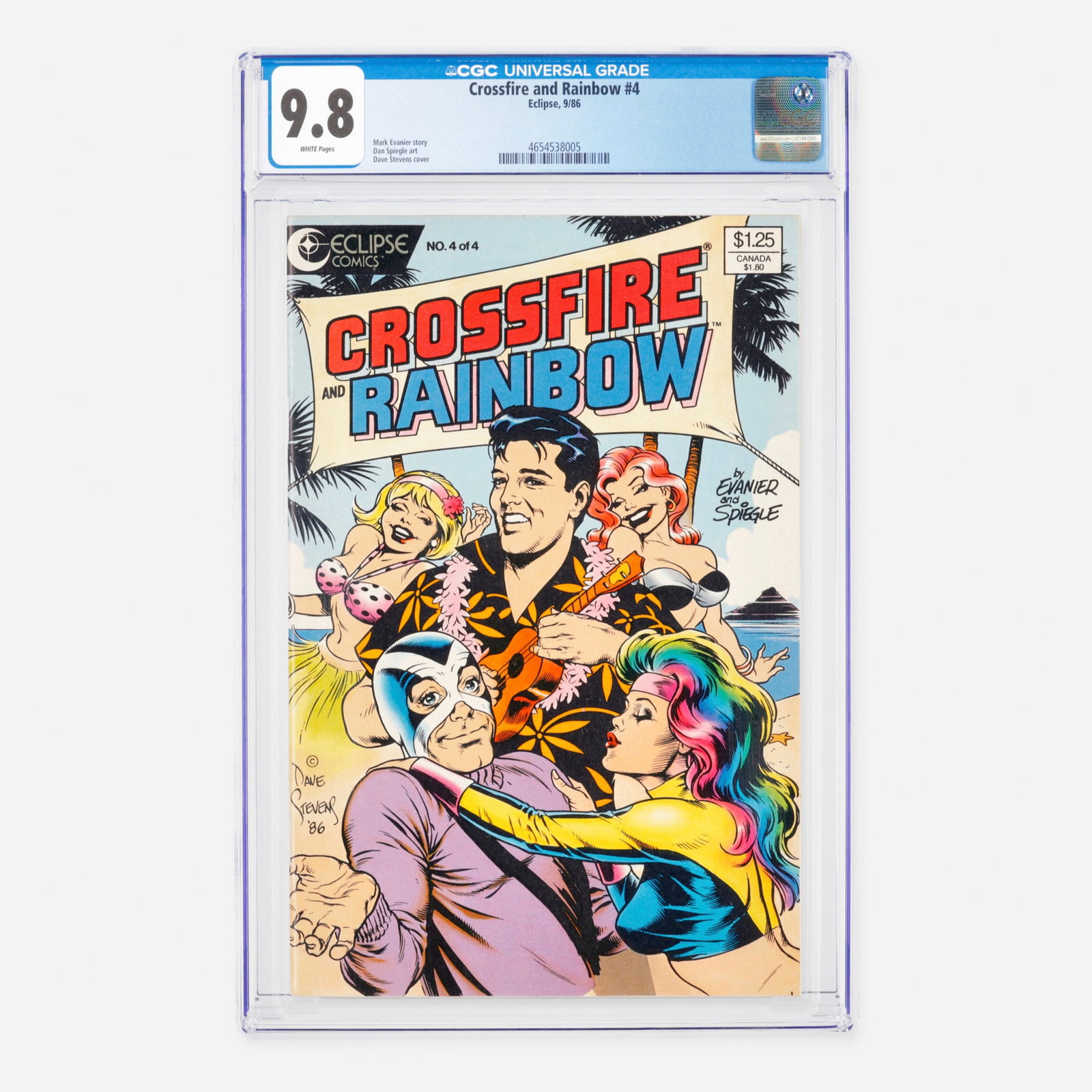 Eclipse Crossfire and Rainbow #4 CGC 9.8: Eclipse Crossfire and Rainbow #4 CGC 9.8 USA, 1986 This Modern Age comic features a story by Mark Evanier and interior art by Dan Spiegle, with a notable cover illustrated by Dave Stevens. Top