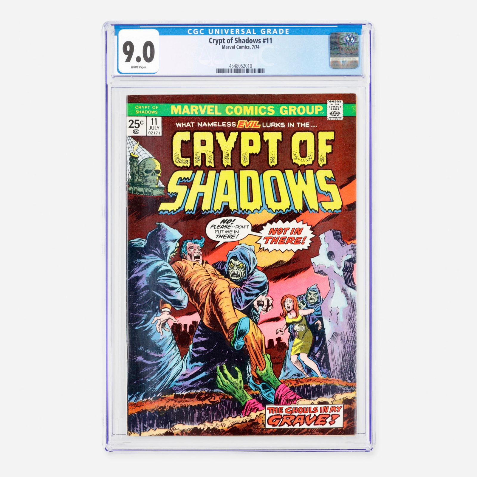 Marvel Comics Crypt of Shadows #11 CGC 9.0: Marvel Comics Crypt of Shadows #11 CGC 9.0 USA, 1974 This Bronze Age title features classic horror suspense. Marvel Comics utilized various artists and writers to craft these atmospheric tales within