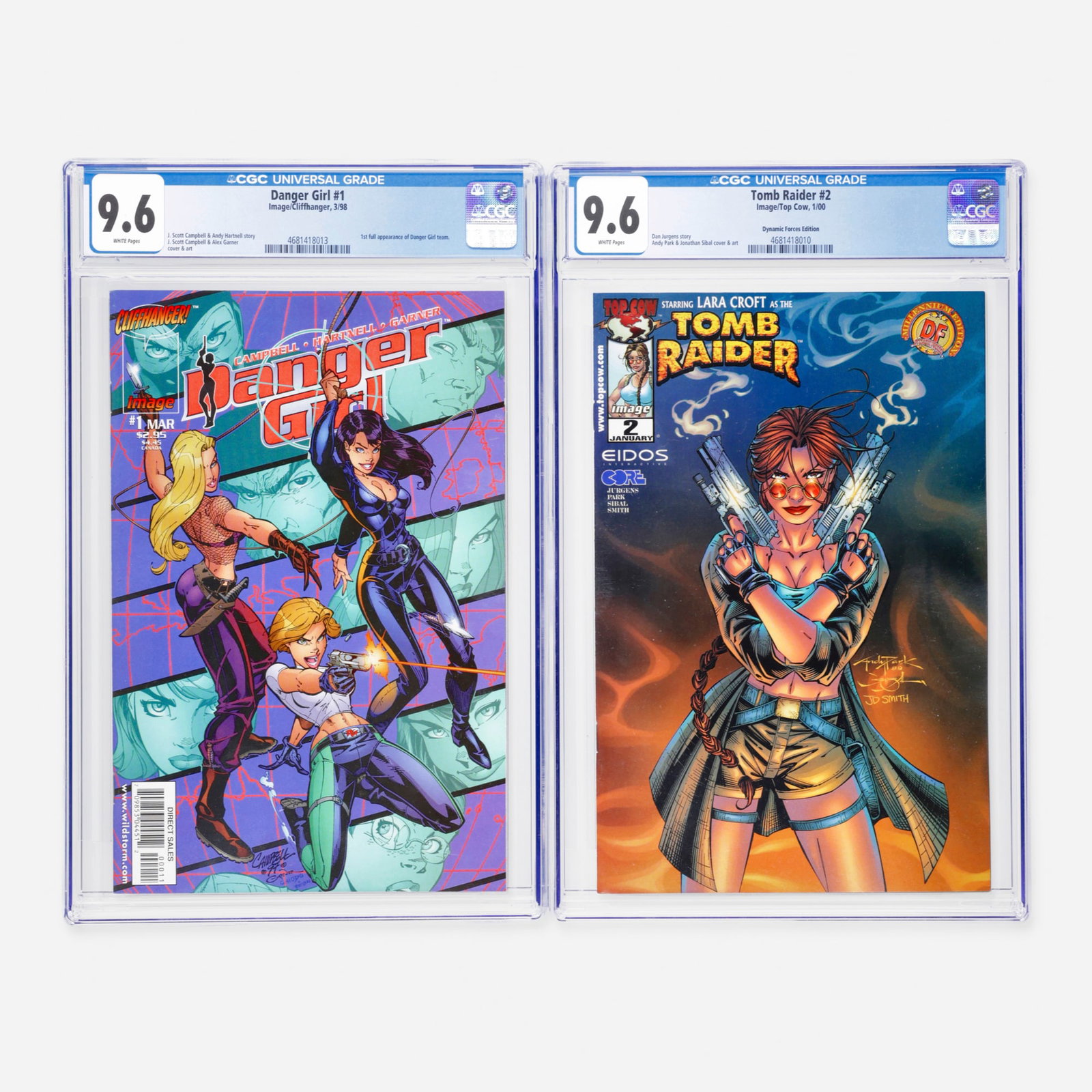 2 Image/Cliffhanger and Image/Top Cow Danger Girl #1 and Tomb Raider #2 CGC 9.6 Group: 2 Image/Cliffhanger and Image/Top Cow Danger Girl #1 and Tomb Raider #2 CGC 9.6 Group USA, 1998, 2000 Image/Cliffhanger Danger Girl #1 CGC 9.6 (3/98) CGC#: 4681418013 Population: 81 in 9.6, 222
