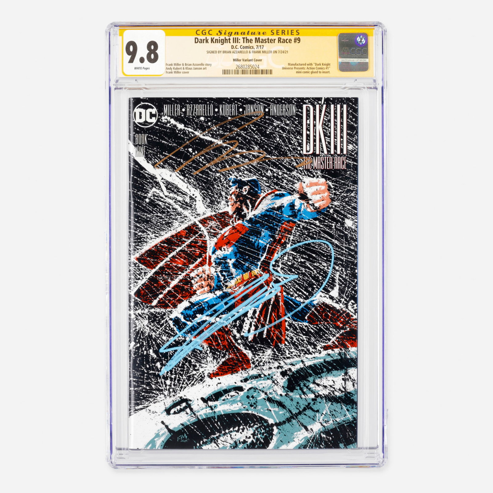DC Comics Dark Knight III: The Master Race #9 CGC 9.8 Miller Variant Cover Signature Series: DC Comics Dark Knight III: The Master Race #9 CGC 9.8 Miller Variant Cover Signature Series Brian Azzarello and Frank Miller USA, 2017 This Modern Age finale of the saga, co-written by Frank Miller
