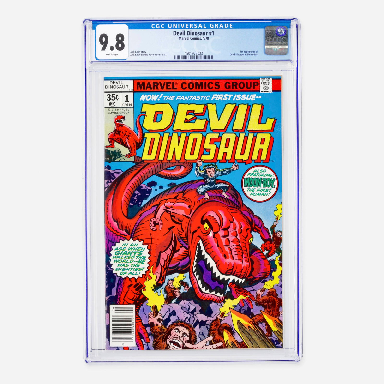 Marvel Comics Devil Dinosaur #1 CGC 9.8: Marvel Comics Devil Dinosaur #1 CGC 9.8 USA, 1978 This Bronze Age premiere features the first appearance of Devil Dinosaur and Moon-Boy. The entire issue is a showcase for legend Jack Kirby, who
