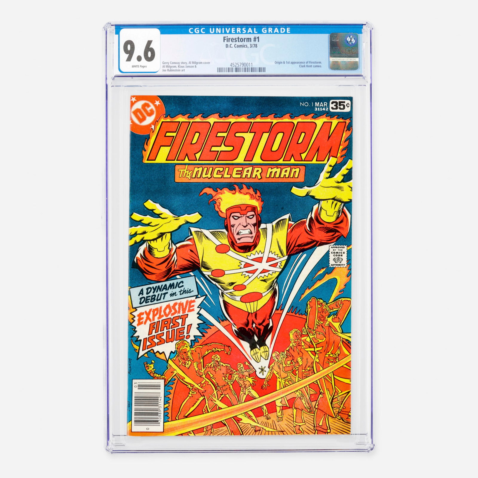 DC Comics Firestorm #1 CGC 9.6: DC Comics Firestorm #1 CGC 9.6 USA, 1978 This Bronze Age key issue presents the origin and first appearance of Firestorm, complete with a Clark Kent cameo. The story is written by Gerry Conway, with i