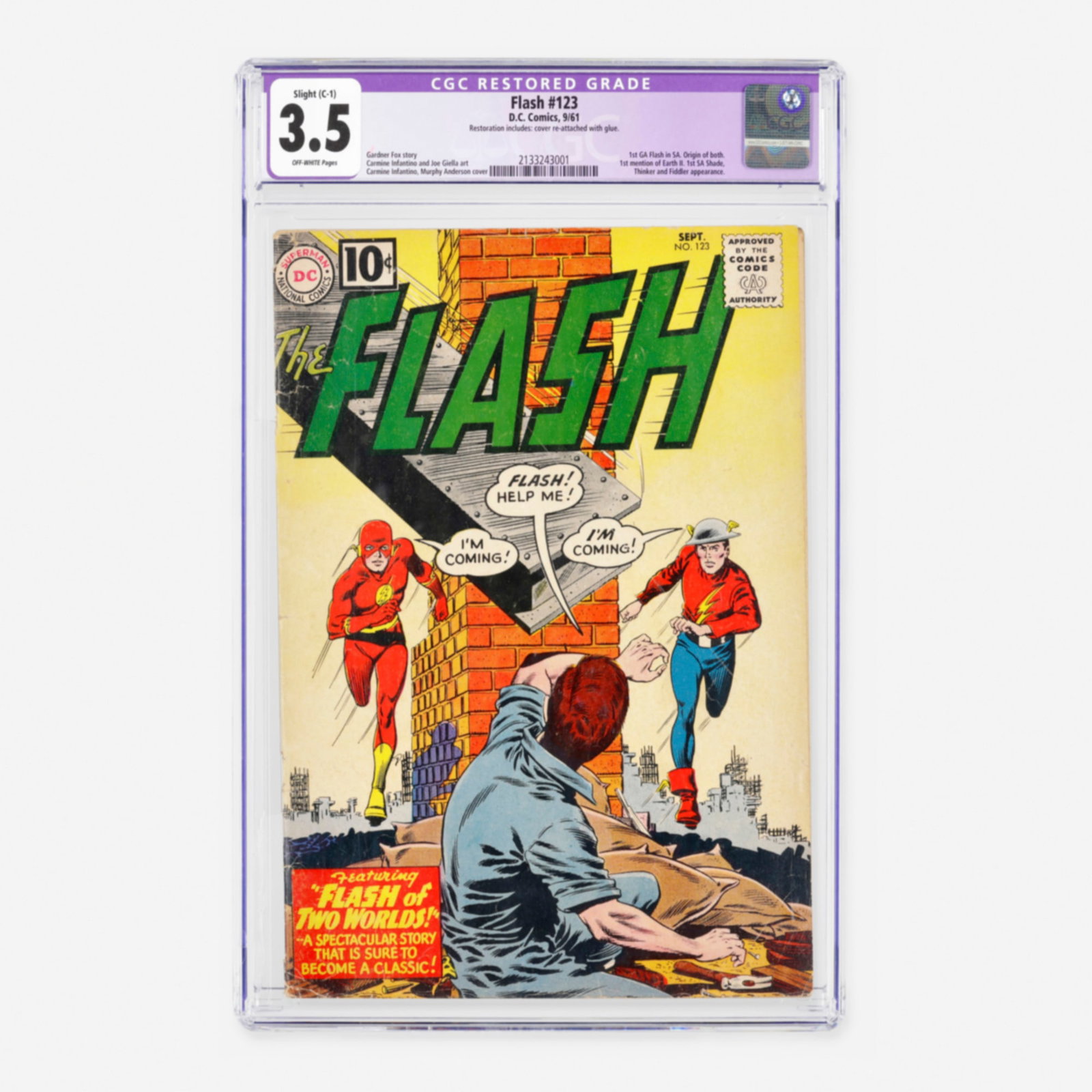 DC Comics Flash #123 CGC 3.5 C-1: DC Comics Flash #123 CGC 3.5 C-1 USA, 1961 This Silver Age milestone is historically monumental for the first appearance of the Golden Age Flash within a Silver Age title, along with the first mention