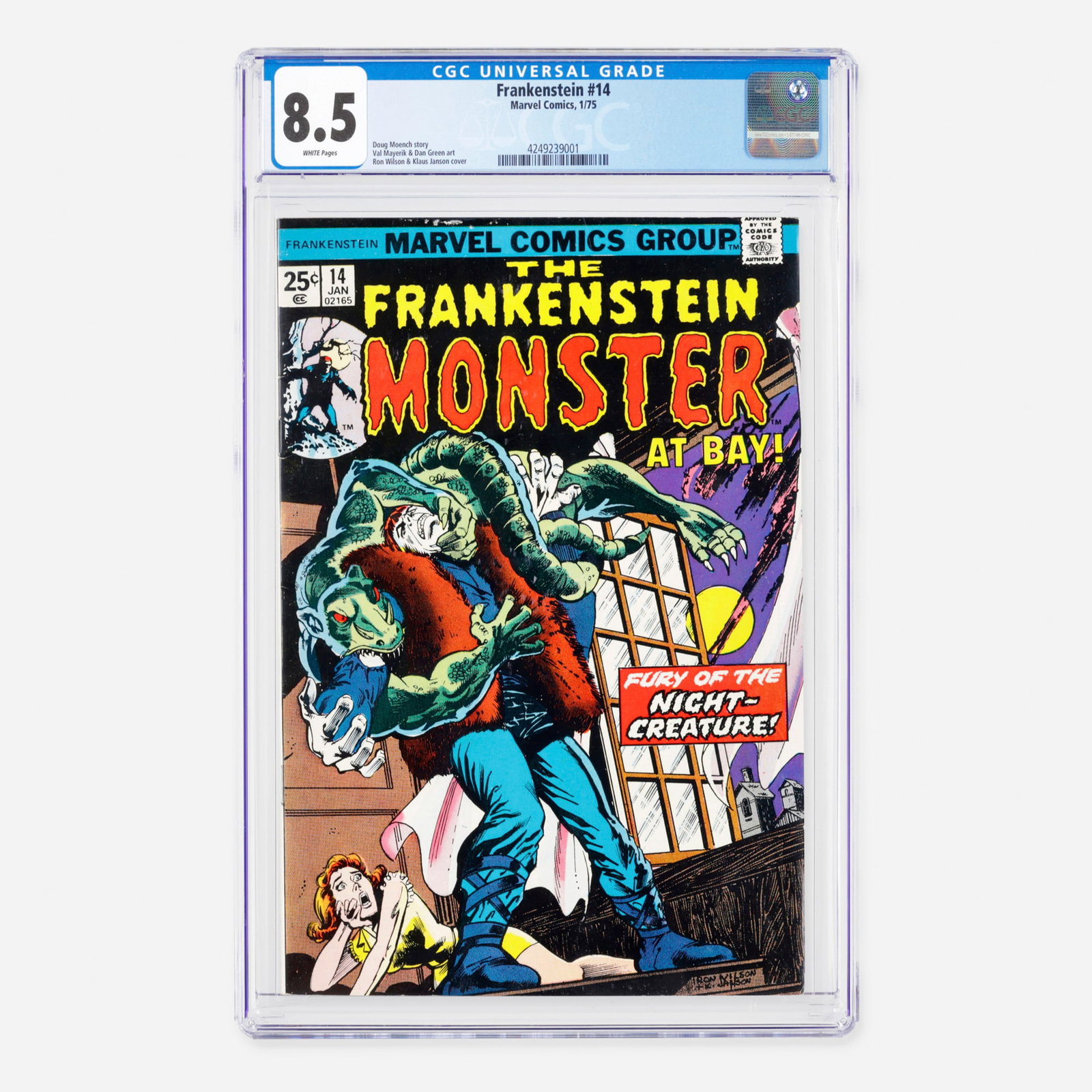 Marvel Comics Frankenstein #14 CGC 8.5: Marvel Comics Frankenstein #14 CGC 8.5 USA, 1975 This Bronze Age issue features a story by Doug Moench, interior art by Val Mayerik and Dan Green, and a cover by Ron Wilson and Klaus Janson. CGC#: