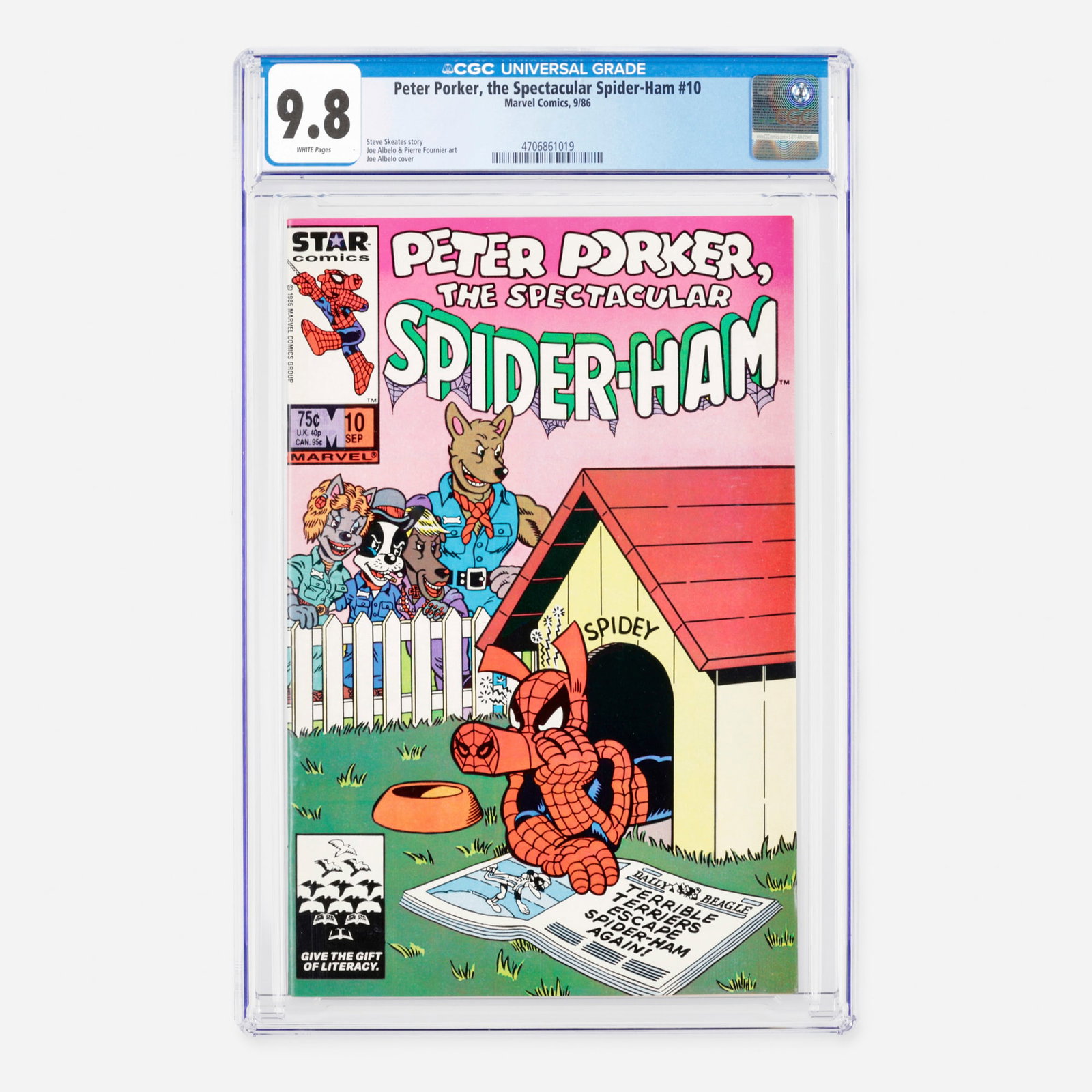 Marvel Comics Peter Porker, the Spectacular Spider-Ham #10 CGC 9.8: Marvel Comics Peter Porker, the Spectacular Spider-Ham #10 CGC 9.8 USA, 1986 This Modern Age issue features a story by Steve Skeates, with interior art by Joe Albelo and Pierre Fournier, and a cover b