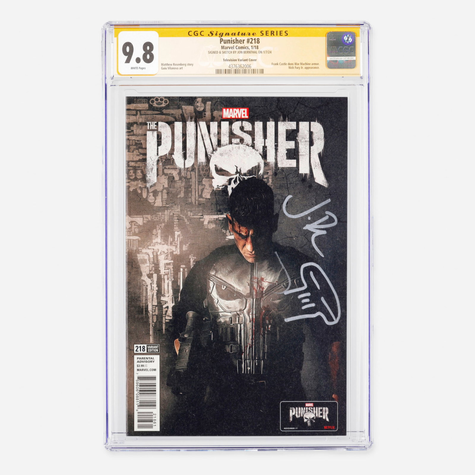 Marvel Comics Punisher #218 CGC 9.8 Television Variant Cover Signature Series Jon Bernthal: Marvel Comics Punisher #218 CGC 9.8 Television Variant Cover Signature Series Jon Bernthal USA, 2018 This Modern Age issue features Frank Castle donning the War Machine armor and includes an appearanc