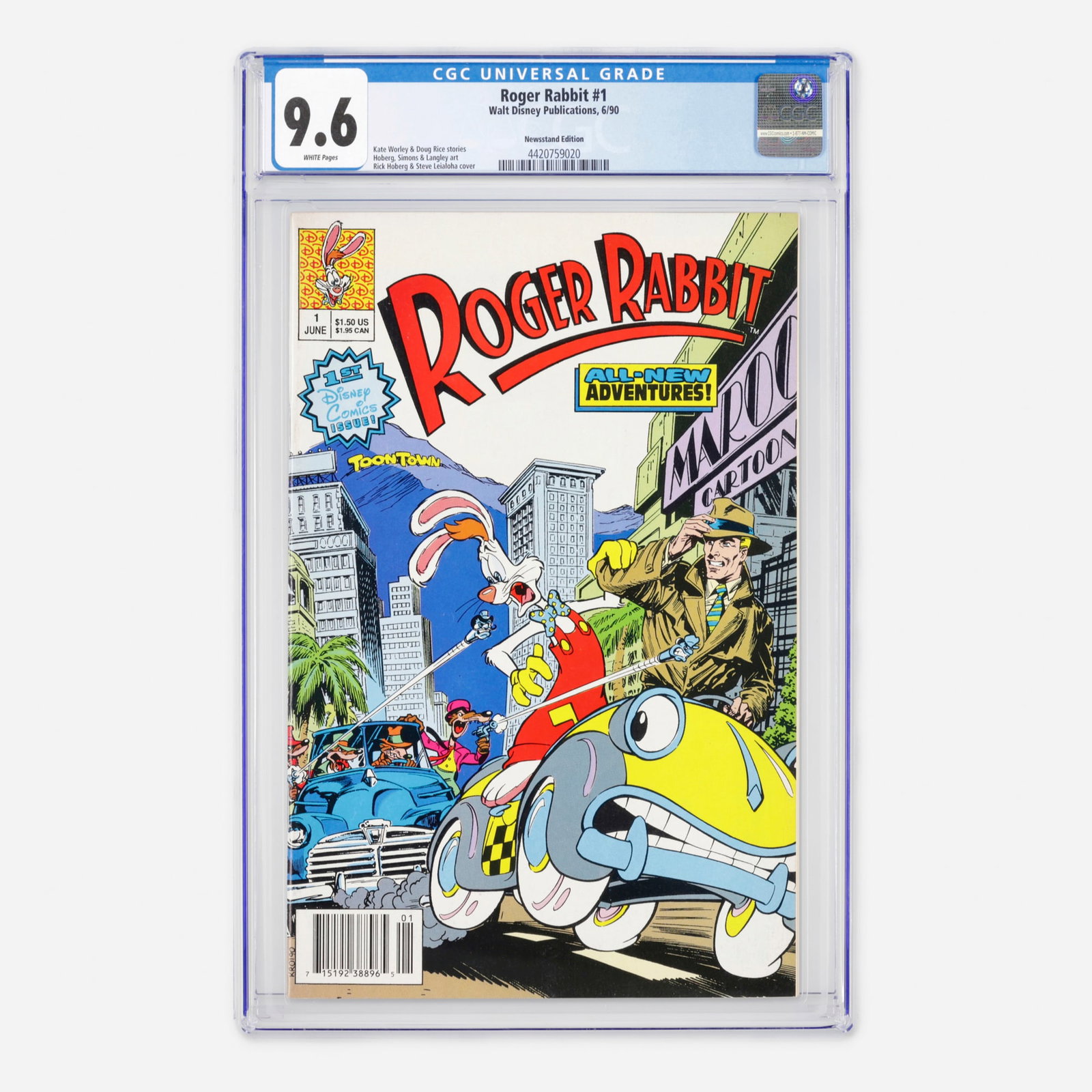 Walt Disney Publications Roger Rabbit #1 CGC 9.6 Newsstand: Walt Disney Publications Roger Rabbit #1 CGC 9.6 Newsstand USA, 1990 This Modern Age newsstand edition features stories by Kate Worley and Doug Rice. The cover art is provided by Rick Hoberg and Steve