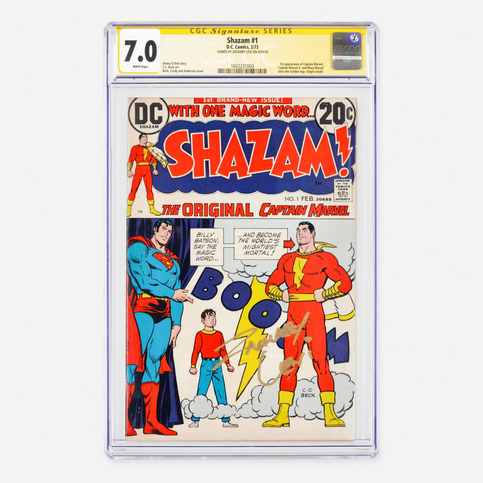 DC Comics Shazam #1 CGC 7.0 Signature Series Zachary Levi: DC Comics Shazam #1 CGC 7.0 Signature Series Zachary Levi USA, 1973 This Bronze Age issue marks the first appearance of Captain Marvel, Captain Marvel Jr., and Mary Marvel since the Golden Age, and fe