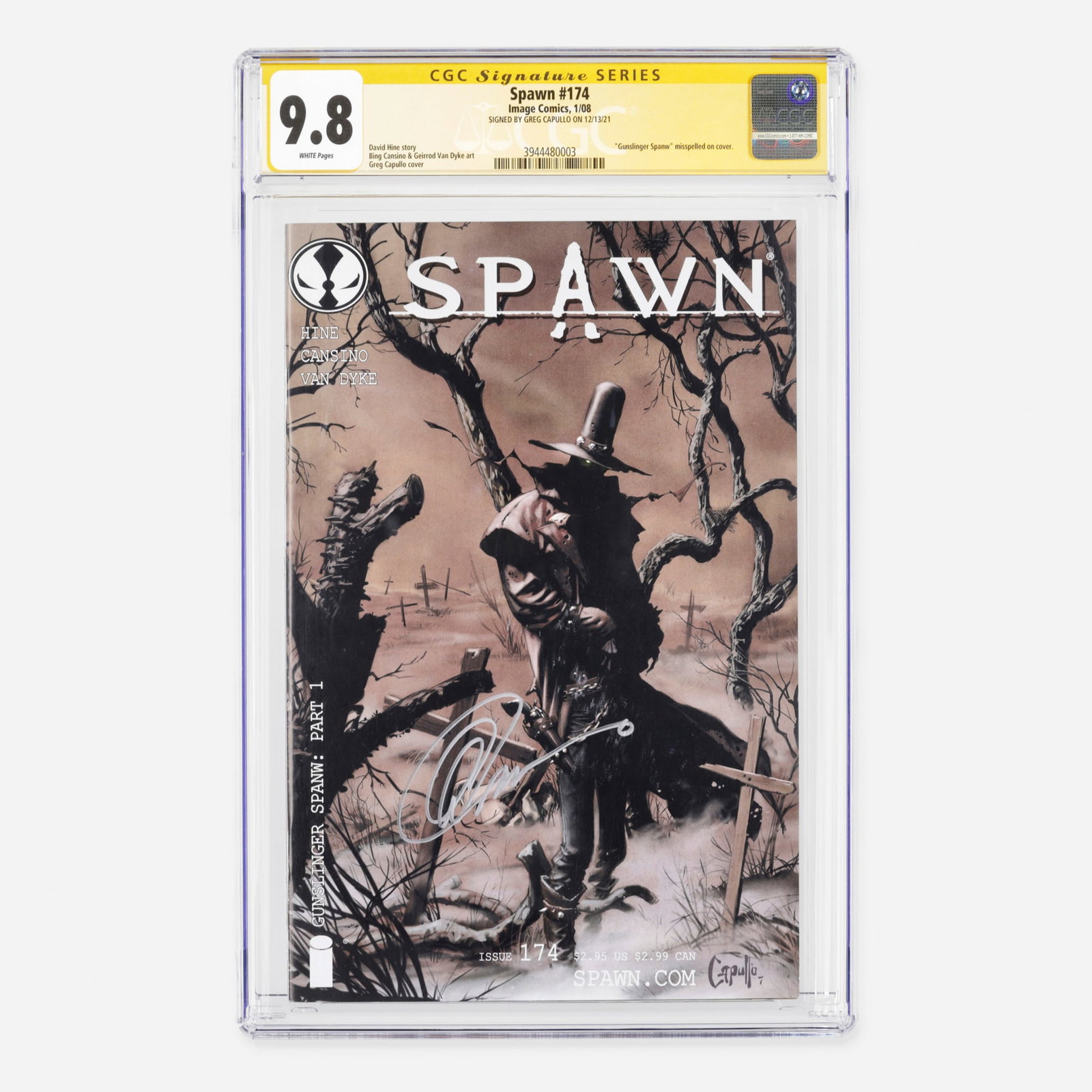 Image Comics Spawn #174 CGC 9.8 Signature Series Greg Capullo: Image Comics Spawn #174 CGC 9.8 Signature Series Greg Capullo USA, 2008 This Modern Age issue features a story by David Hine, art by Bing Cansino and Geirrod Van Dyke, and a cover by Greg Capullo. Not