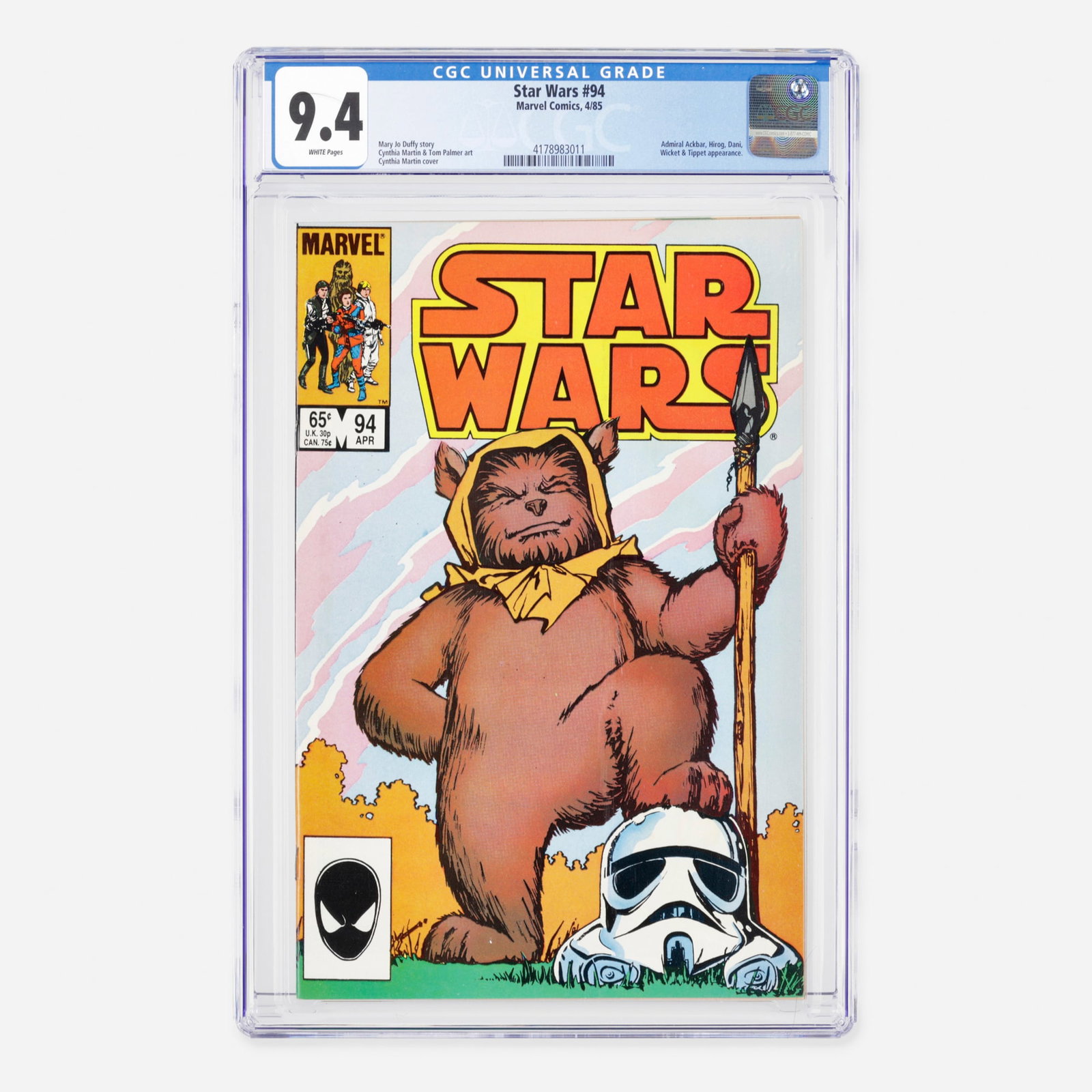 Marvel Comics Star Wars #94 CGC 9.4: Marvel Comics Star Wars #94 CGC 9.4 USA, 1985 This issue features appearances by Admiral Ackbar, Hirog, Dani, Wicket, and Tippet. The story is by Mary Jo Duffy, with art by Cynthia Martin and Tom Palm