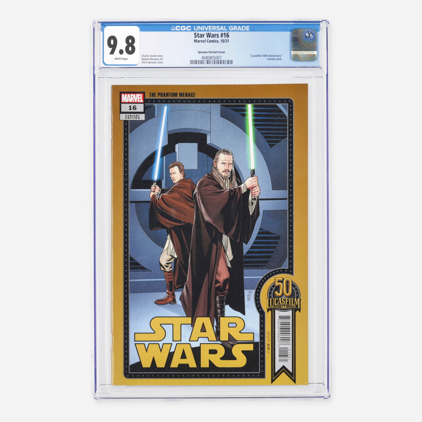 Marvel Comics Star Wars #16 CGC 9.8 Sprouse Variant Cover: Marvel Comics Star Wars #16 CGC 9.8 Sprouse Variant Cover USA, 2021 This Modern Age release highlights the Lucasfilm 50th Anniversary via a special cover by Chris Sprouse. The story is written by Char